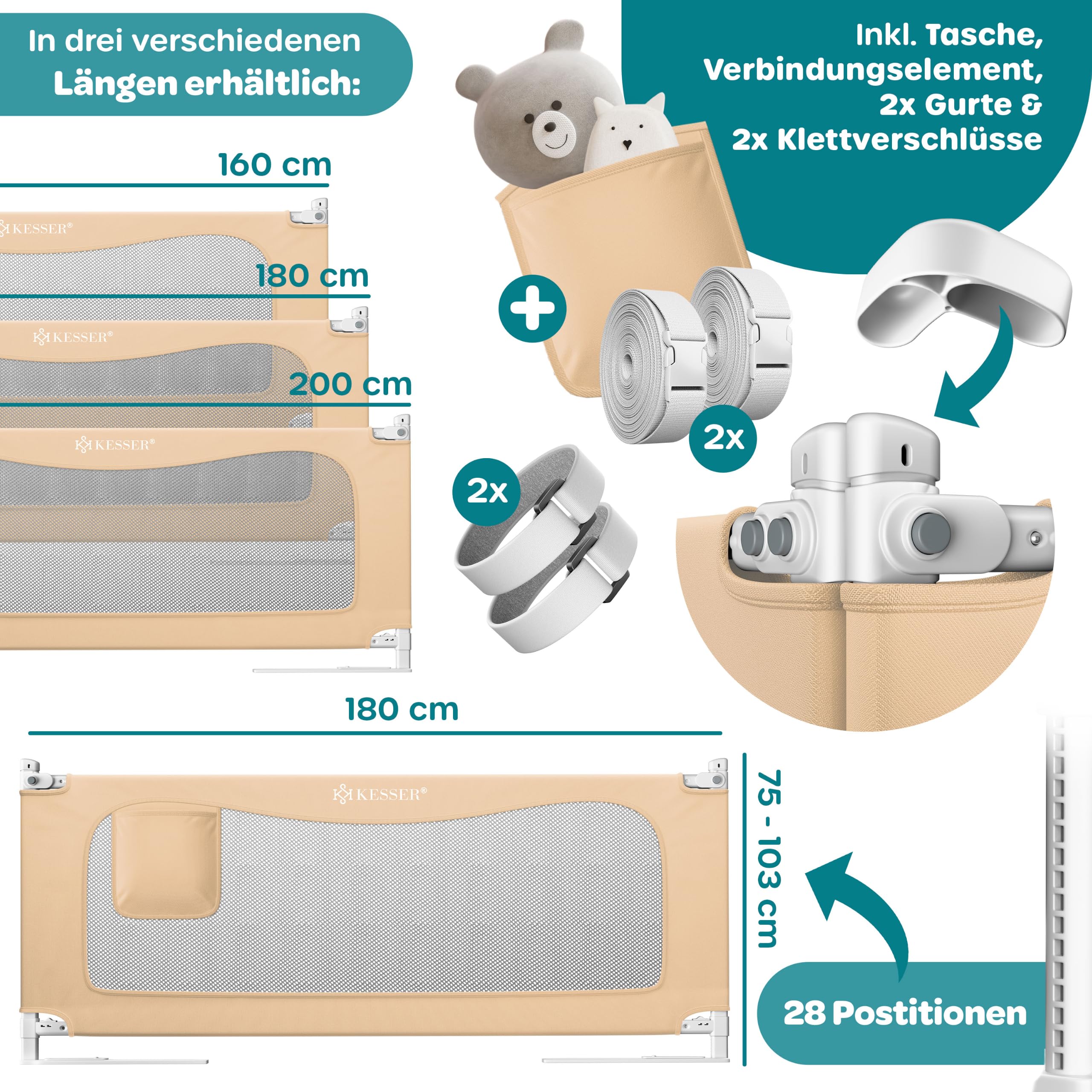 KESSER® Bettschutzgitter 180 cm, Bettgitter Kinderbett höhenverstellbar | Rausfallschutz Bett für Baby & Kleinkind mit Kindersicherung, vertikal absenkbar, leicht montierbar, waschbar, Beige