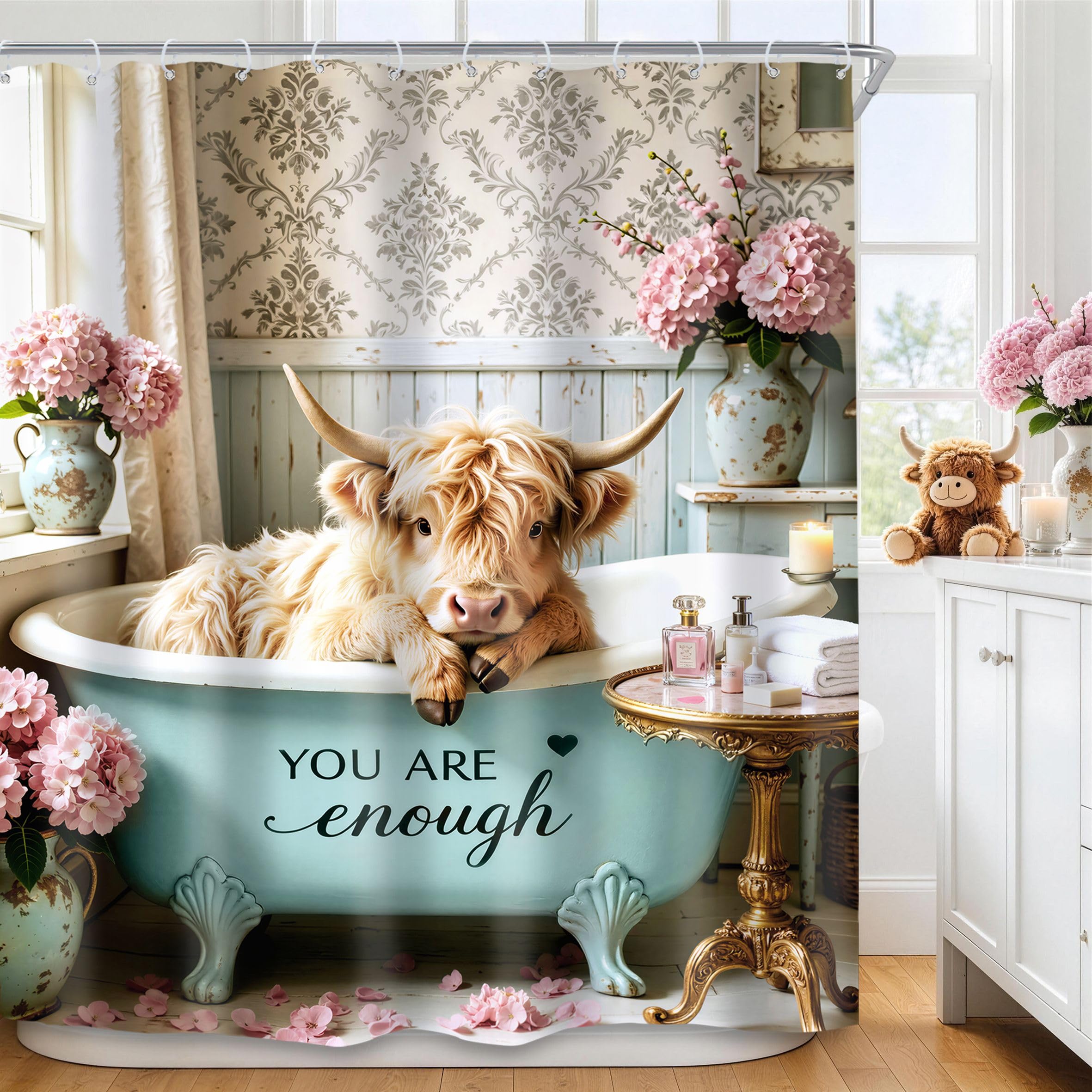 Funny Highland Cow Shower Curtain Set - Western Bathroom Decor -17