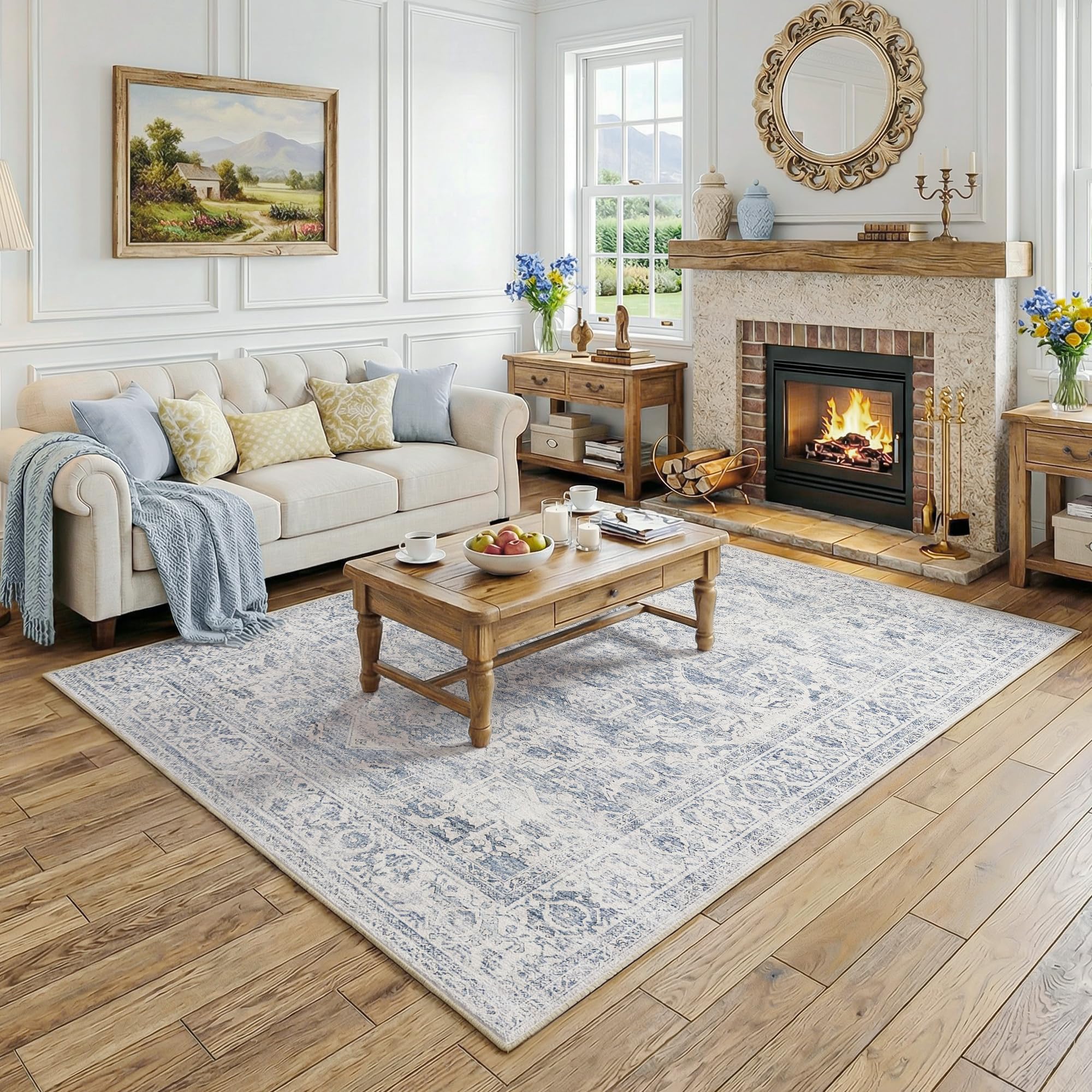 Beauoop Washable Area Rug Blue Neutral 120x170cm Vintage Non Slip Low Pile Distressed Traditional Oriental Indoor Carpet for Living Room Bedroom Soft Retro Mat Thin Rug for Dining Office Entryway