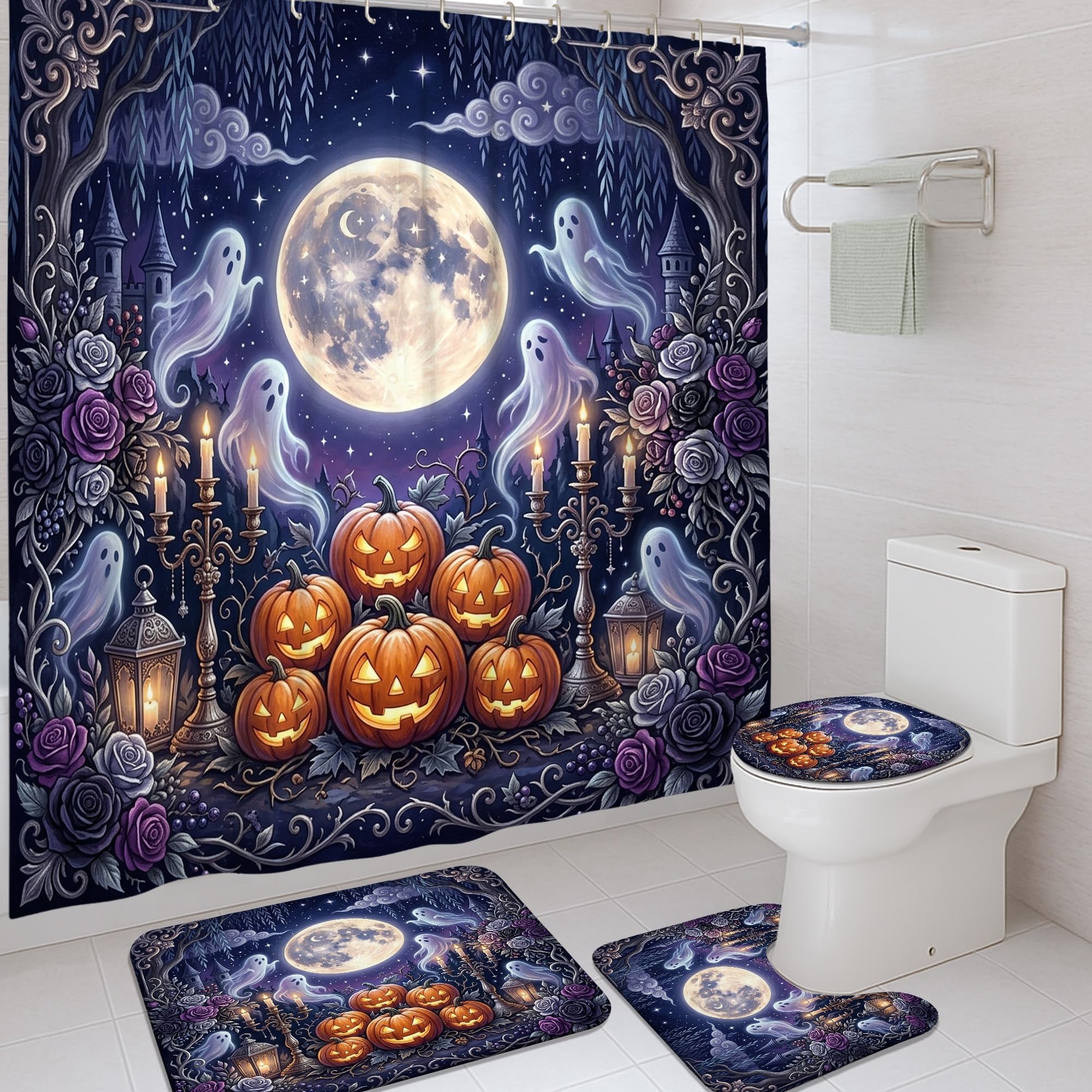 Rideau de douche violet en toile lavable motif fantômes festifs et lune avec tapis