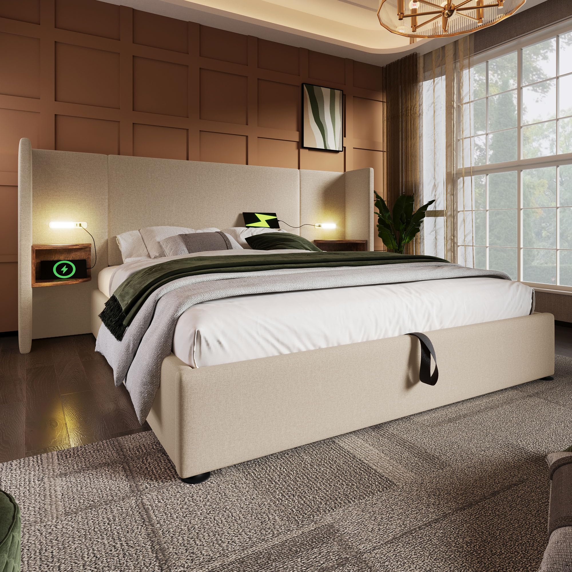 Lit double rembourré, 160 x 200 cm, avec table de chevet, lampe de lecture et fonction de charge USB type C, tête de lit, système de rangement, sommier à lattes en métal, lin (beige, 160 x 200
