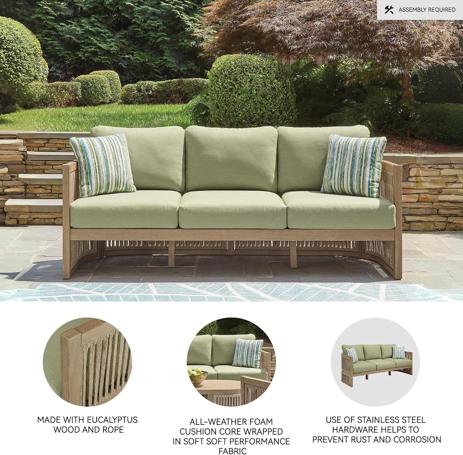 Signature Design by Ashley Eucalyptus Outdoor Sofa, 3-Seater Patio Couch | Green Nuvella fabric, Polyester rope open-weave back, Contemporary style, Stainless steel hardware, Palamino Falls