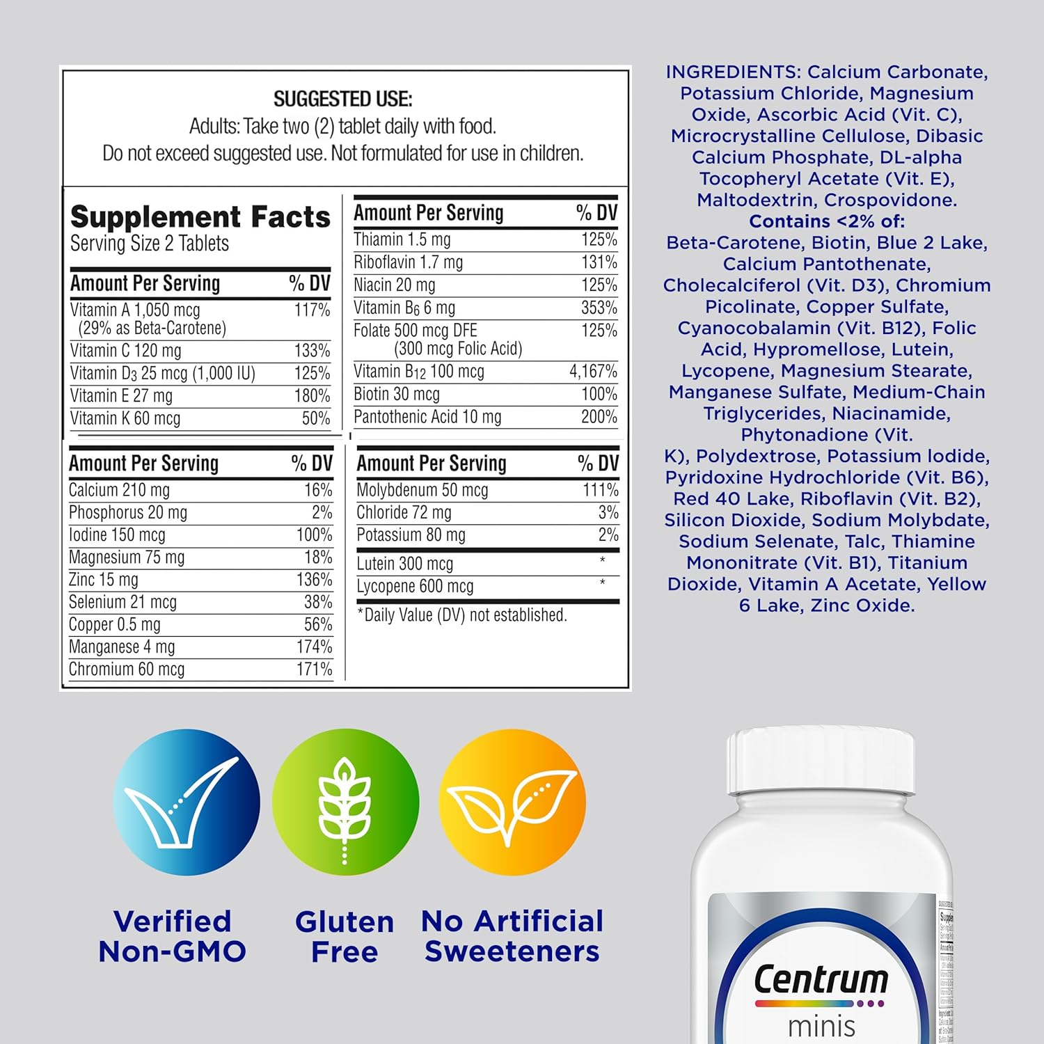 Centrum Minis Silver Multivitamin for Men 50 Plus, Multivitamin/Multimineral Supplement, Vitamin D3, B-Vitamins and Zinc, Non-GMO Ingredients, Supports Memory and Cognition in Older Adults - 280 Ct - Image 9
