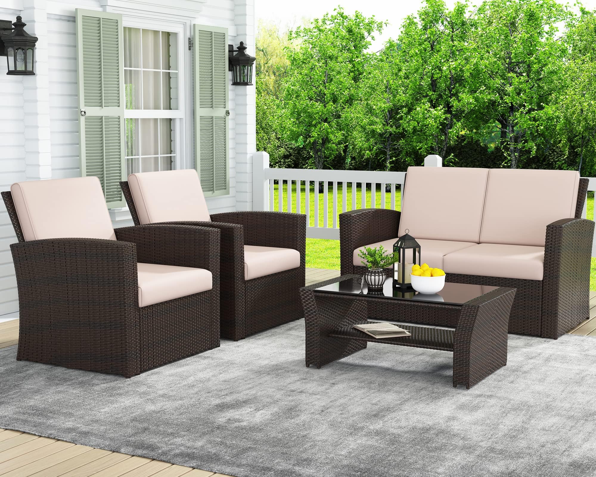 LayinSun 4 Piece Outdoor Patio Furniture Sets, Wicker Conversation Sets, Rattan Sofa Chair with Cushion for Backyard Lawn Garden (Brown)