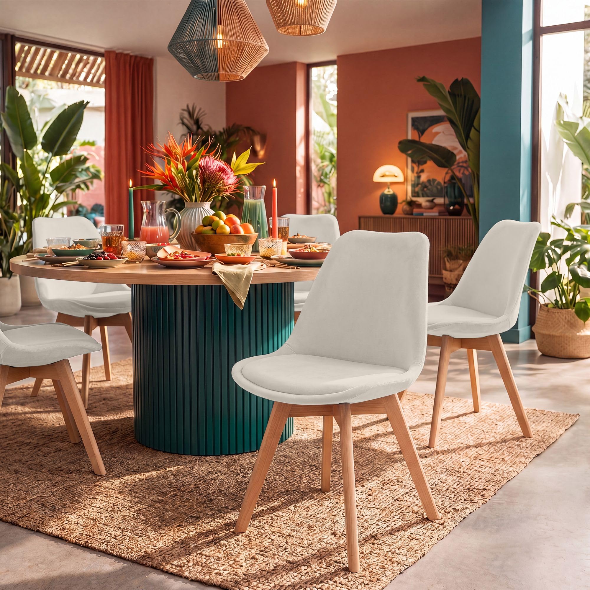 CLP Set De 4 Sillas De Comedor Linares En Terciopelo, Tela o Simil Cuero I 4 Sillas De Salón Nórdica con Base De Madera, Color:Beige, Material:Terciopelo