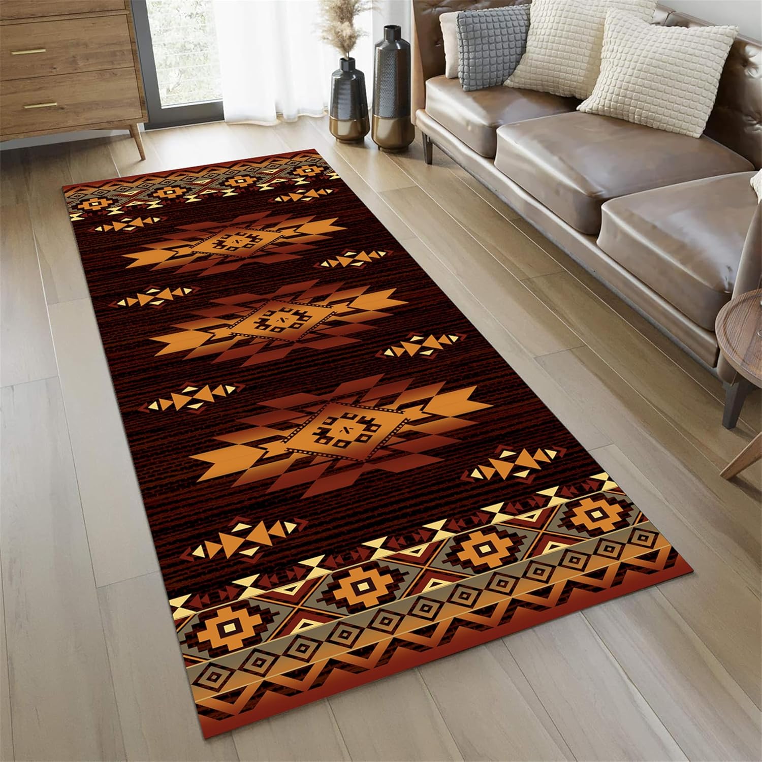 Southwestern Tribal Runner Rug 2x6ft - Aztec & Native American Carpet with Non-Slip Backing for Hallway, Kitchen, Dining Room - Earth Tones (Brown/Black/Yellow)