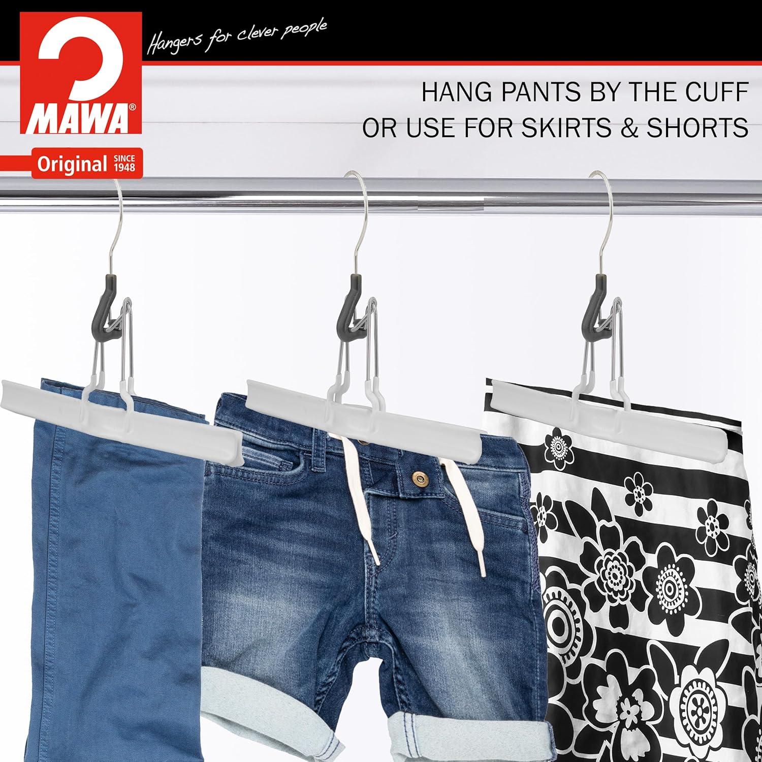 Mawa European Non-Slip Steel Hanger, Space-Saving with Rotating Hook, Holds Pants, Skirts, and Shorts, Style M/26, Set of 6, White
