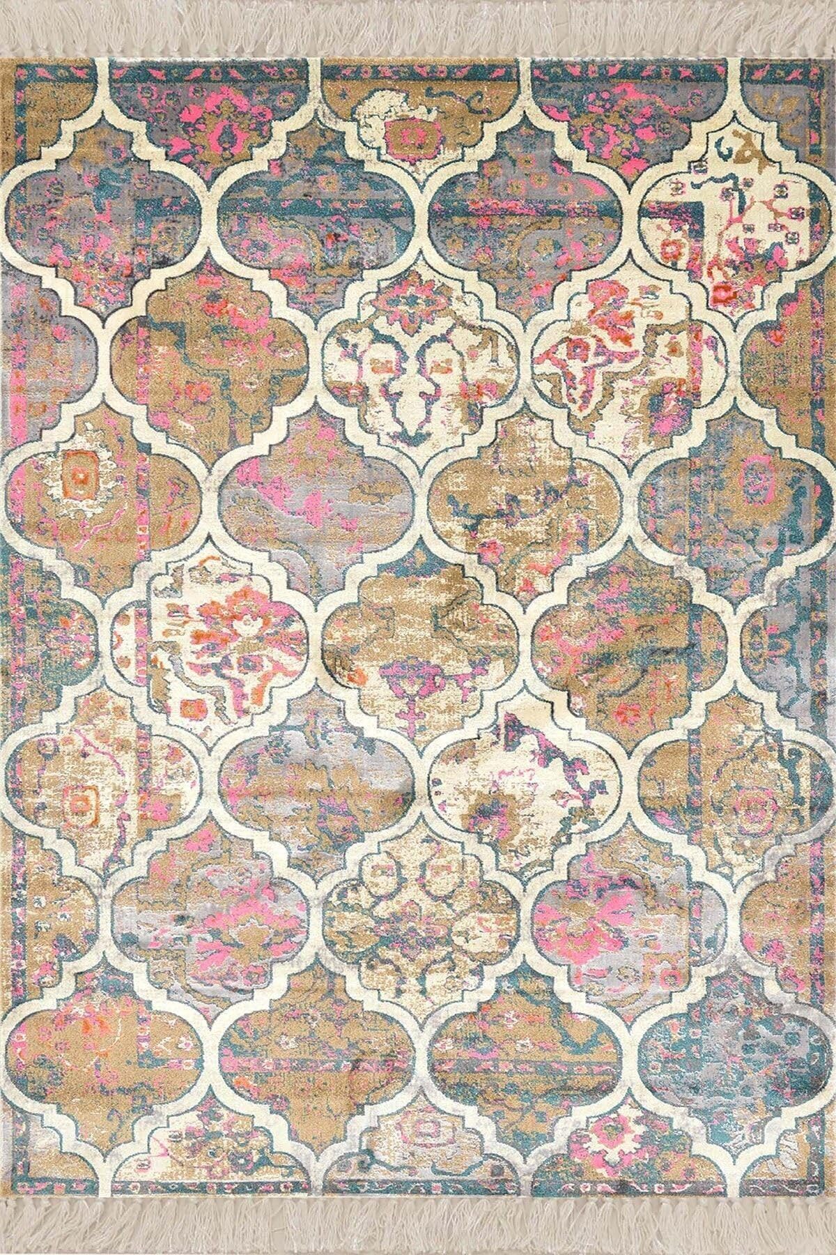 Pelangi Osmanlı Desen Patchwork Model Dijital Baskı Yıkanabilir Klasik Salon Halı Ve Yolluk, Bej 160 x 160