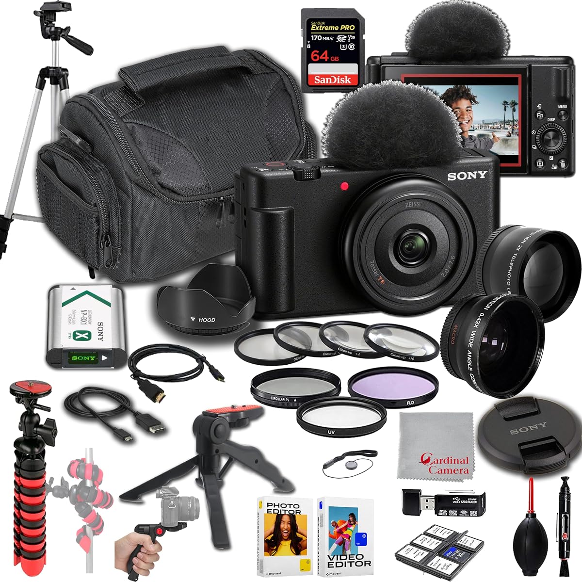 ZV-1F Vlogging Camera |20.1MP | 64GB Extreem Speed Memory,.43 Wide Angle & 2X Lenses, Case. Tripod, Filters, Hood, Grip,Editing Software Kit -Deluxe Bundle, Compact, Black