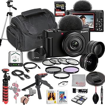 Sony ZV-1F Vlogging Camera |20.1MP | 64GB Extreem Speed Memory,.43 Wide Angle & 2X Lenses, Case. Tripod, Filters, Hood, Grip,Editing Software Kit -Deluxe Bundle, Compact, Black
