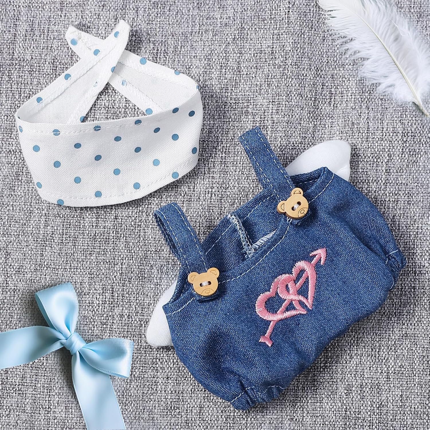 17cm Doll Clothing Set 3Pcs - Denim Overalls + Drool Bib, Blue Casual Outfit for 6-7inch Dolls (NO Doll Included) Sweet Style Dress Accessories image 2
