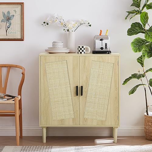 Daxue Mesa de consola de puerta de ratán con mesa de sofá de almacenamiento aparador de madera con estante de almacenamiento y puertas de ratán mesa