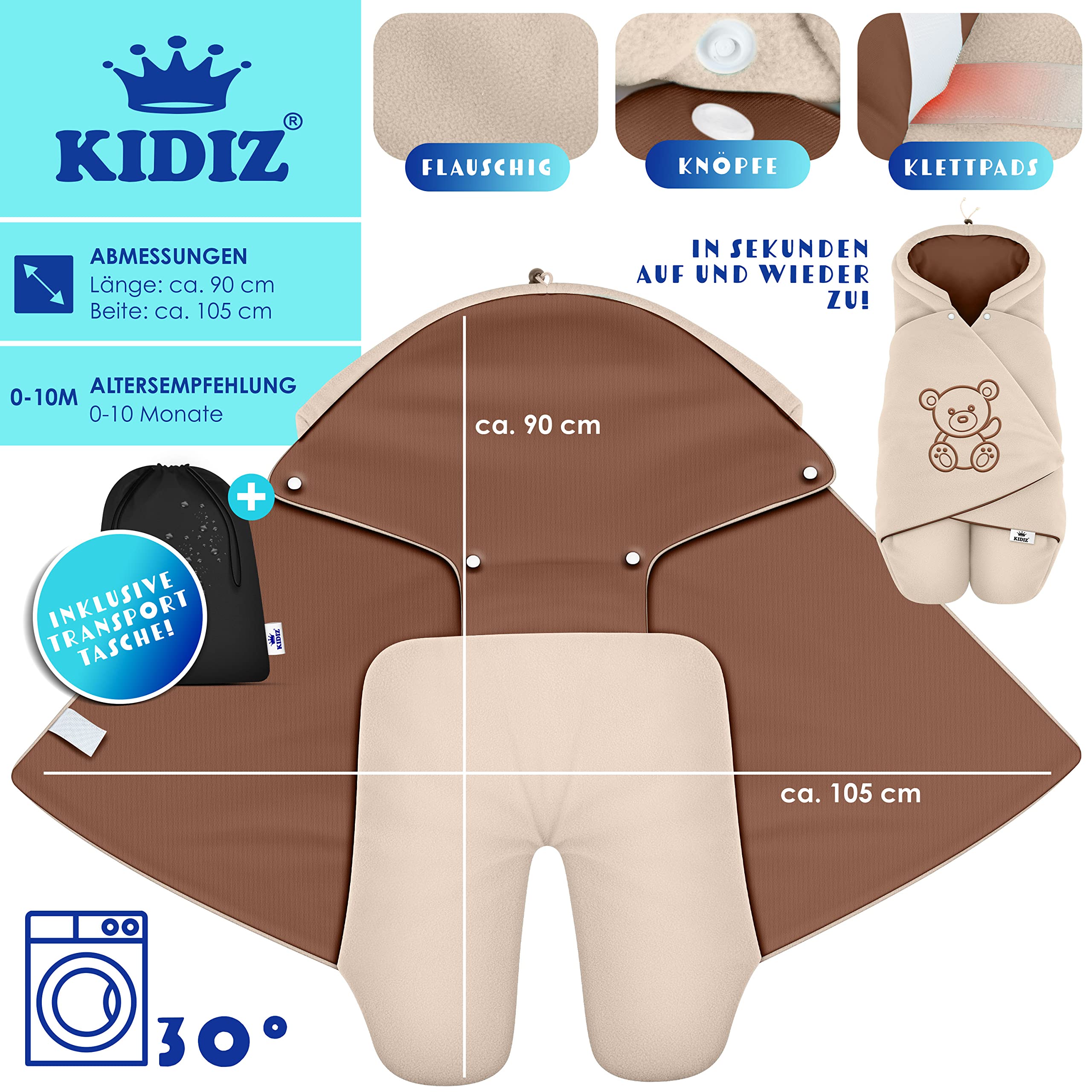 KIDIZ® Couverture Hiver avec Capuche + Poche Universelle pour Bébé - Compatible Coque, Siège Auto, Römer, Buggy, Lit, Poussette & Systèmes de Ceinture 3 & 5 Points