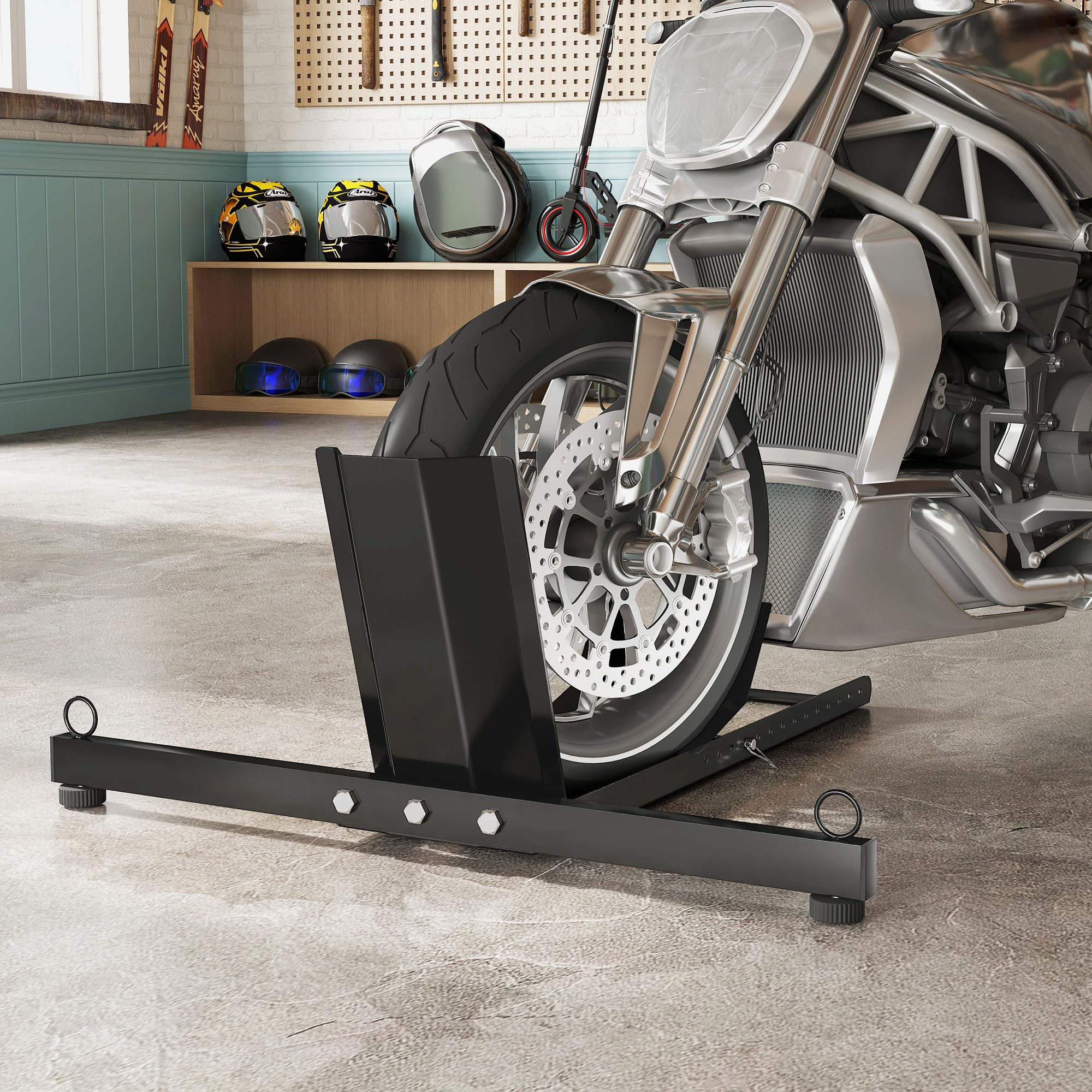 HOMCOM Cavalletto Bloccaruote per Moto Staffa Regolabile Ø34-84 cm Nero