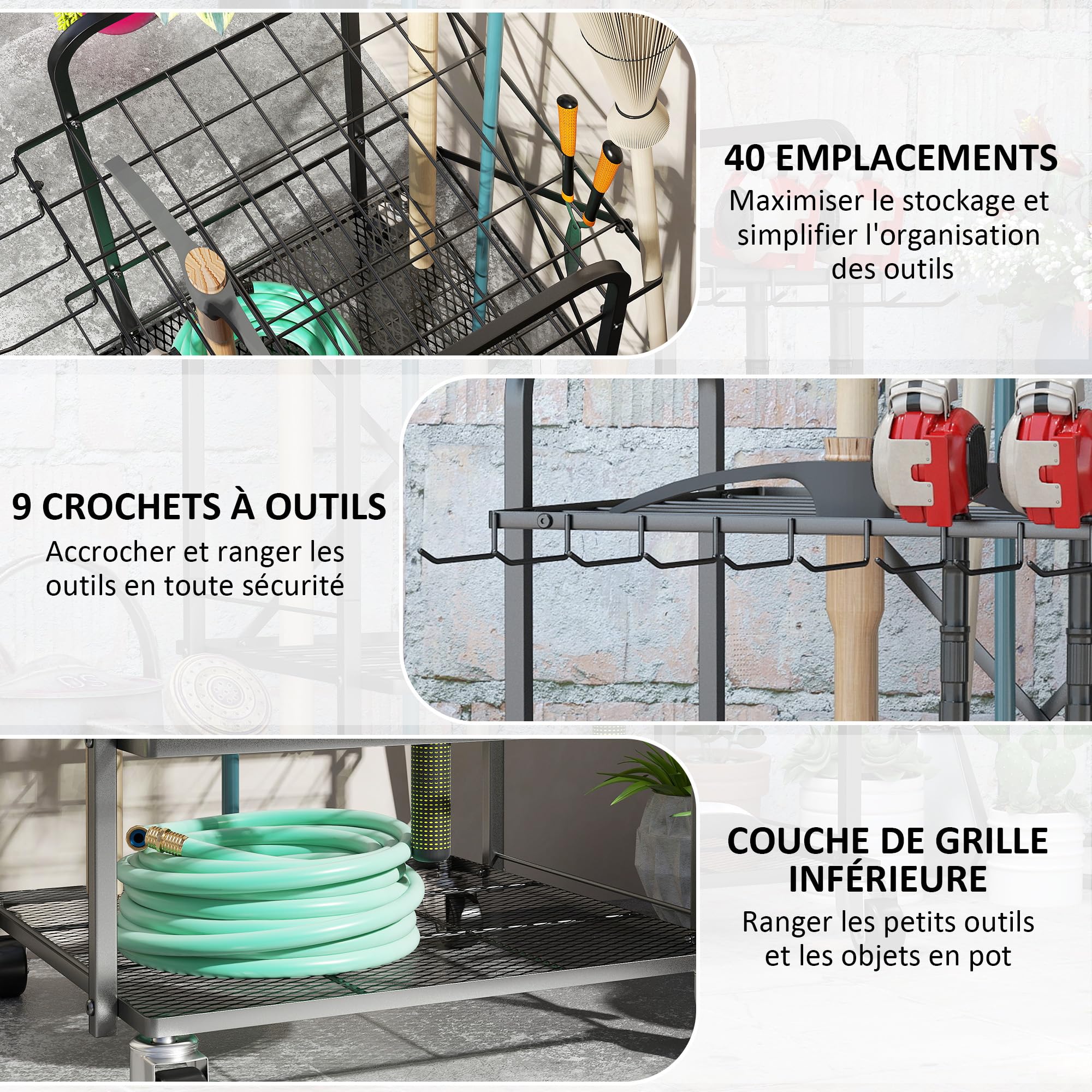 Outsunny Organisateur d'outils de Jardin avec 9 Crochets, Support à Outils de Jardin 40 Compartiments, Porte-Outils de Garage en métal sur roulettes pour sécateurs, pelles, râteaux, Noir