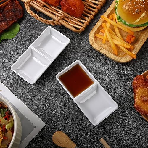 Miniatura 3 de Gejoy Plato de salsa, cuencos dobles de melamina, cuencos de salsa dual de soja, dos compartimentos, bandejas de fiesta, platos de fondue divididos