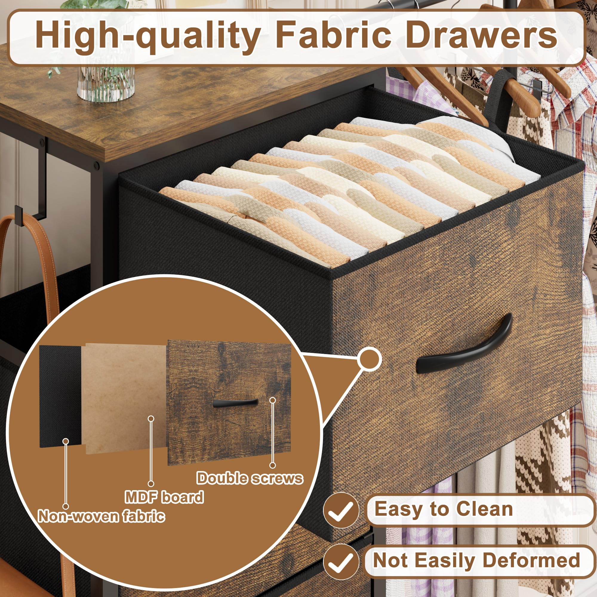 Commode avec 4 tiroirs en tissu et tringle à vêtements, 110 cm de haut, armoire étroite pour chambre à coucher, couloir, chambre d'enfant, armoire à linge peu encombrante avec étagère à chaussures