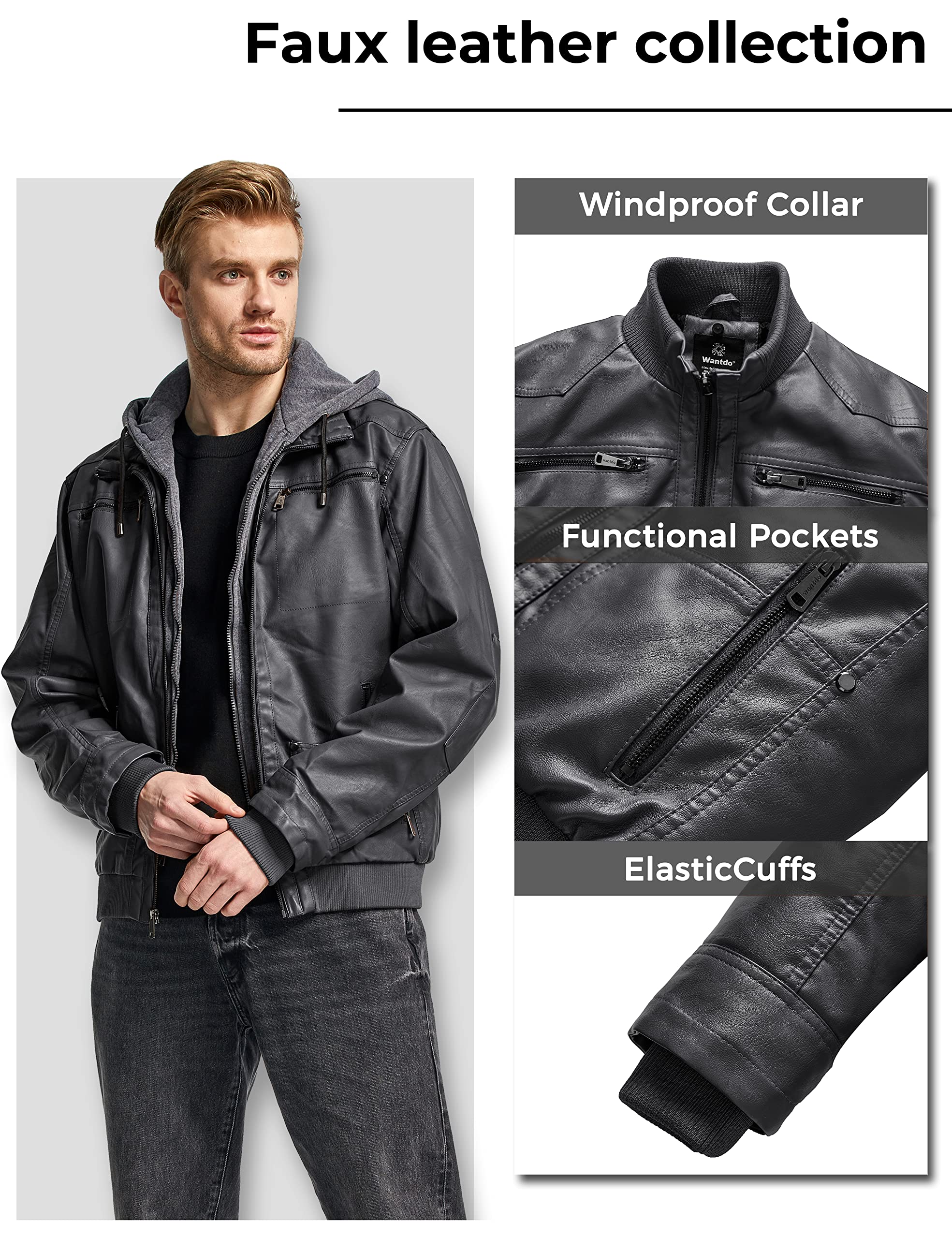 Wantdo Giacca in Pelle da Uomo Giubbotto con Cappuccio Rimovibile da Lavoro Mezza Stagione Primavera Antivento Antipioggia Giacca da Moto Casual
