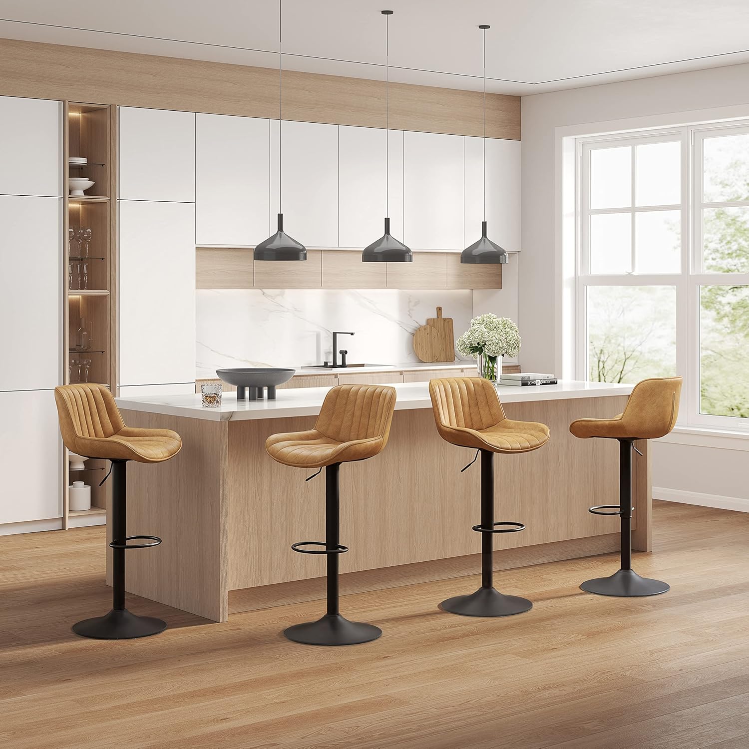 Art Leon Bar Stools, Set of 4, Morden Faux Leather Swivel Bar Stools with Back, Adjustable Counter Height Bar Stools for Home Kitchen Island Pub, Black Powder Coated Base, Yellow