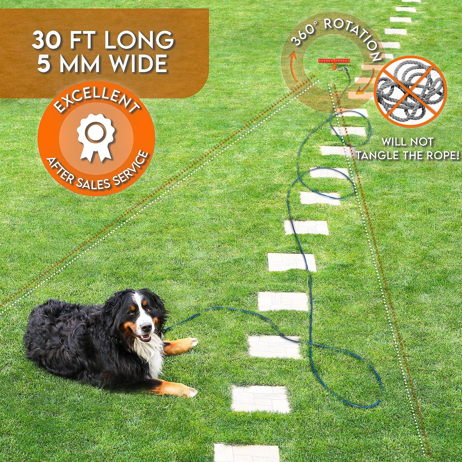 Heavy Duty 30FT Dog Tie Out Cable and Stake for Large Dogs, Dog Tie Out Stake and Cable Anchor for Dogs Up to 200 lbs,for Yard, Beach, Outdoor(Orange)