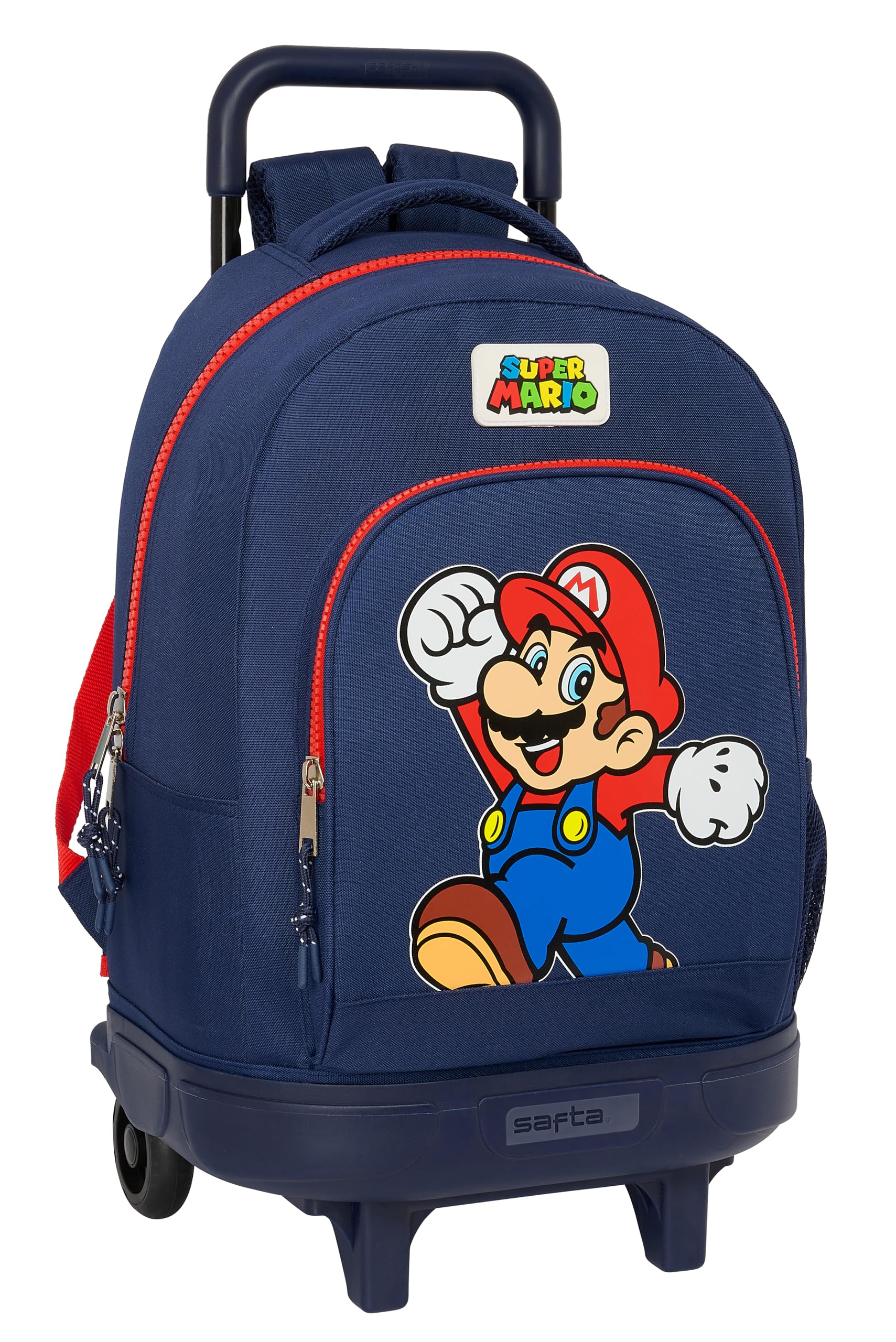 Safta Super Mario World - Mochila Grande con Ruedas, Compacta, Extraíble, Ideal para Niños de Diferentes Edades, Cómoda y Versátil, Calidad y Resistencia, 33x22x45 cm, Color Azul Marino