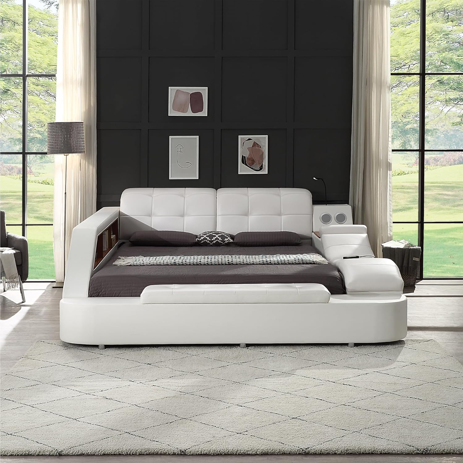Multifunctional Queen Bed Frame, Modern Luxury Smart Upholstered Platform Bed with Massage Recliner on Right/Music Speaker/USB Charging Station/Storage Drawers, Adjustable Headboard, White