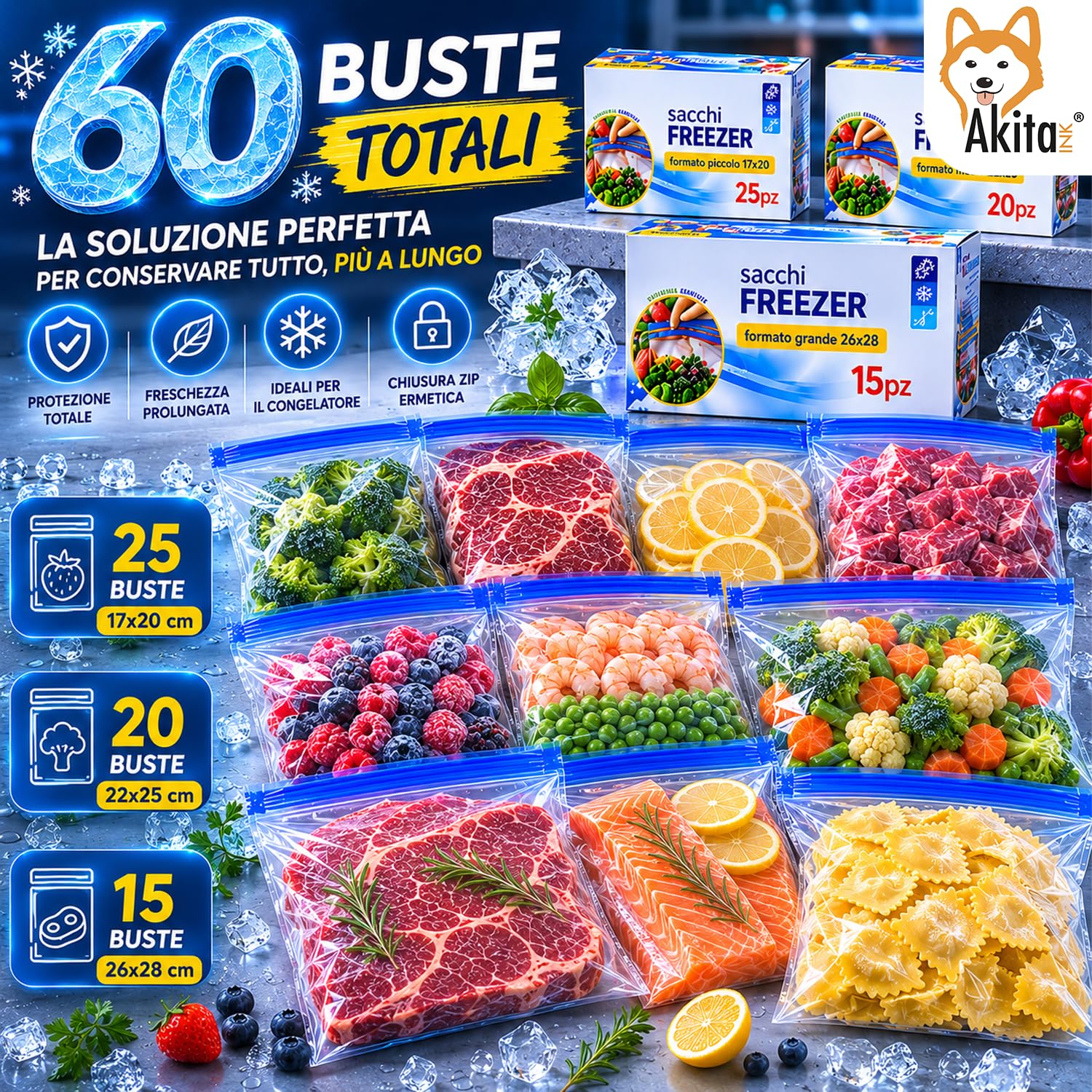 AkitaInk Set 60 Sacchetti Freezer con Chiusura Zip, Buste Gelo Alimentari Richiudibili in 3 Misure Assortite per Conservazione Cibi