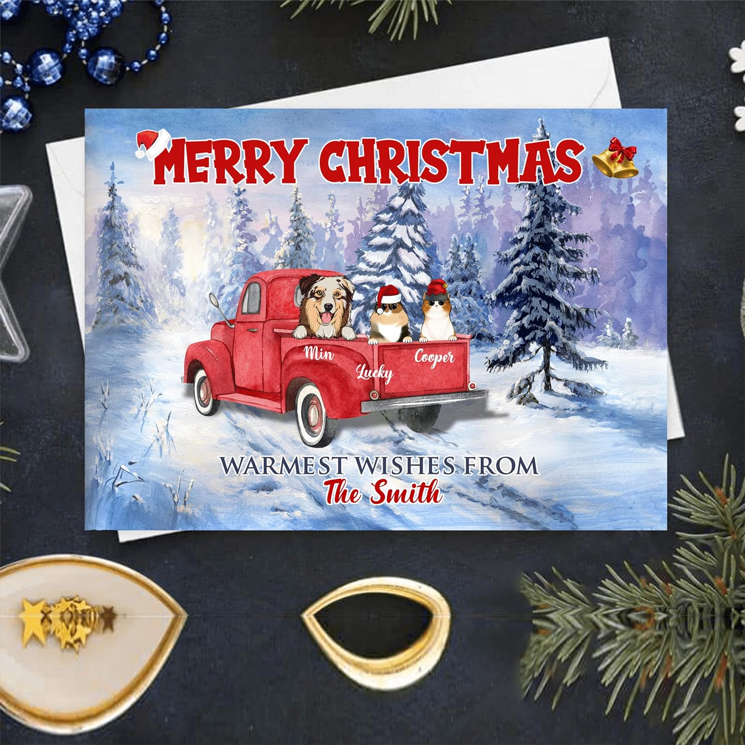 Gossby Personalized Custom Postcard (2 Dogs 3 Cats) Merry Christmas warmest wishes from Christmas Card Personalized Holiday Cards With Pets Custom Merry Christmas And Happy New Year Cards Greeting
