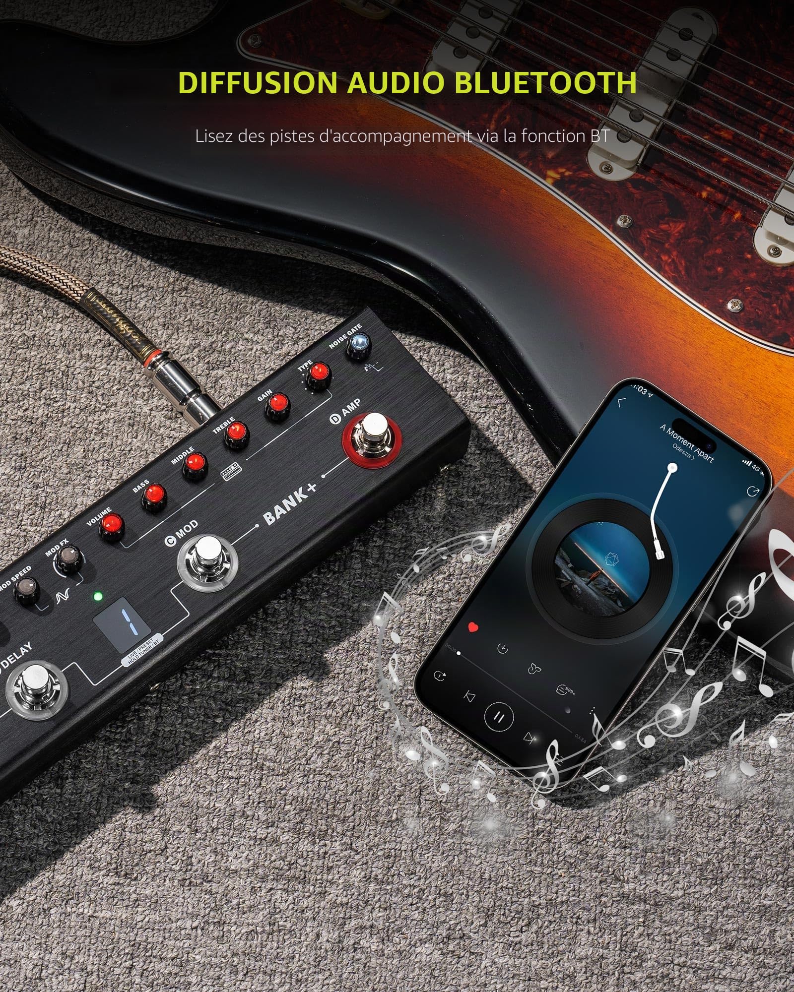 LEKATO Pédale de guitare multi-effets, 36 préréglages modifiables, chœur, retard, reverbe, MOD, recharge IR, enregistrement, tuner, batterie intégrée, connexion BT (guitare électrique)