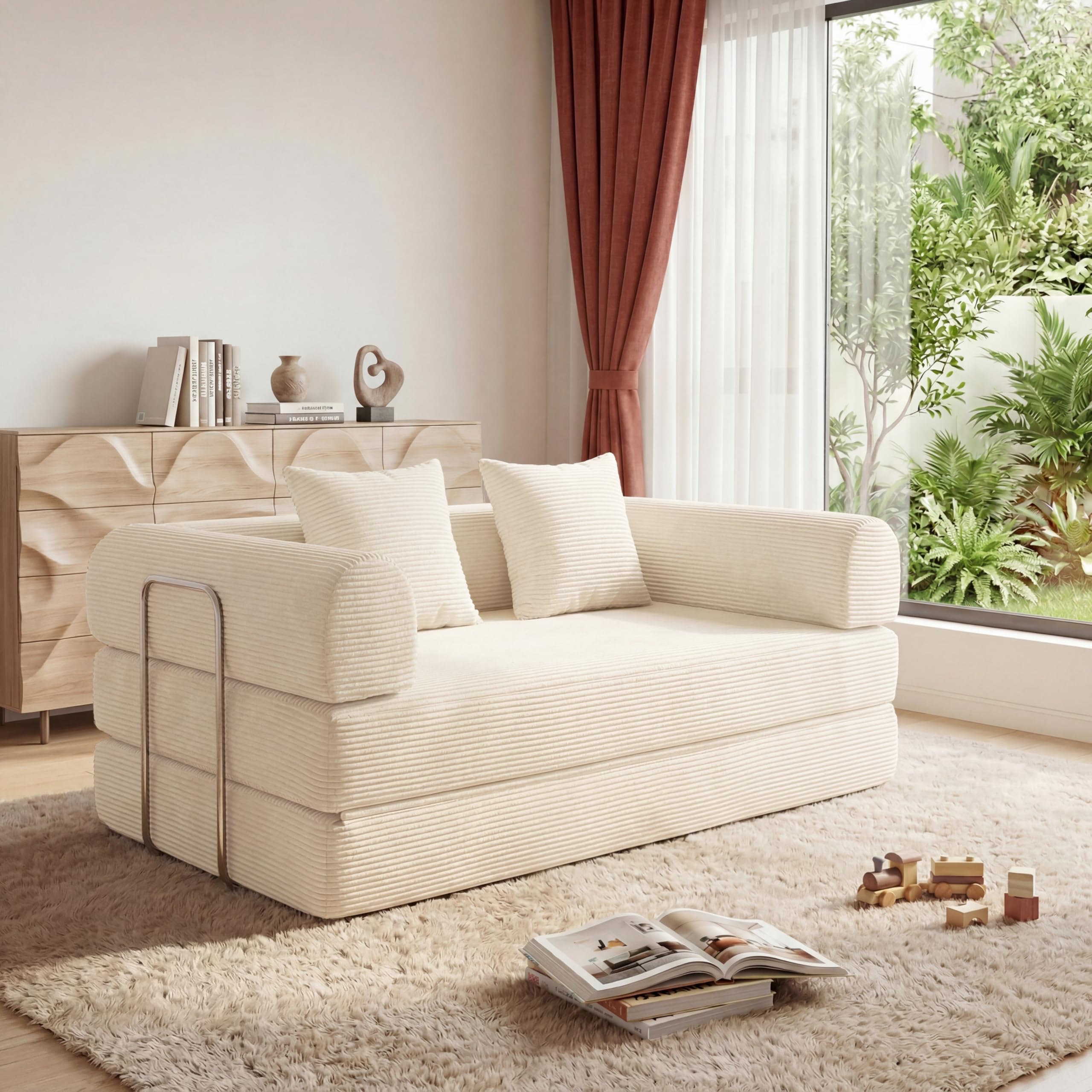 Photo 1 of HouseMila Futon Sofa Bed Modular Loveseat Sleeper Folding Pull Out Couch with Pillows, No Assembly Required Boneless Couch for Living Room Bedroom Guest Room (Beige, 59.06" Loveseat Sofa)