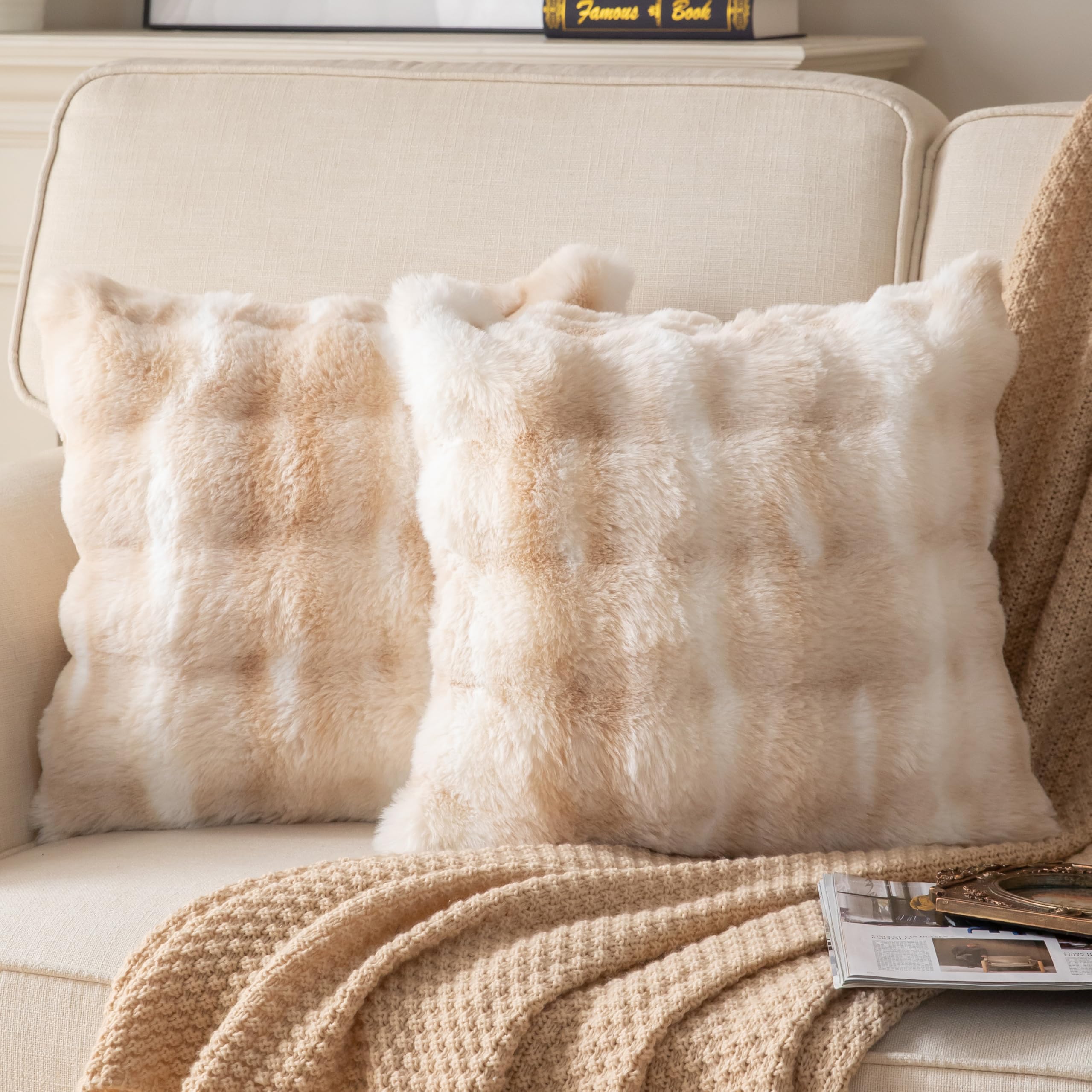 Joyouth Pack of 2 Thick Plush Cushion Cover Fluffy Wave Faux Fur Decorative Cushion Covers Soft Wool Pillowcase for Sofa Couch Livingroom 16x16 Inch White Beige