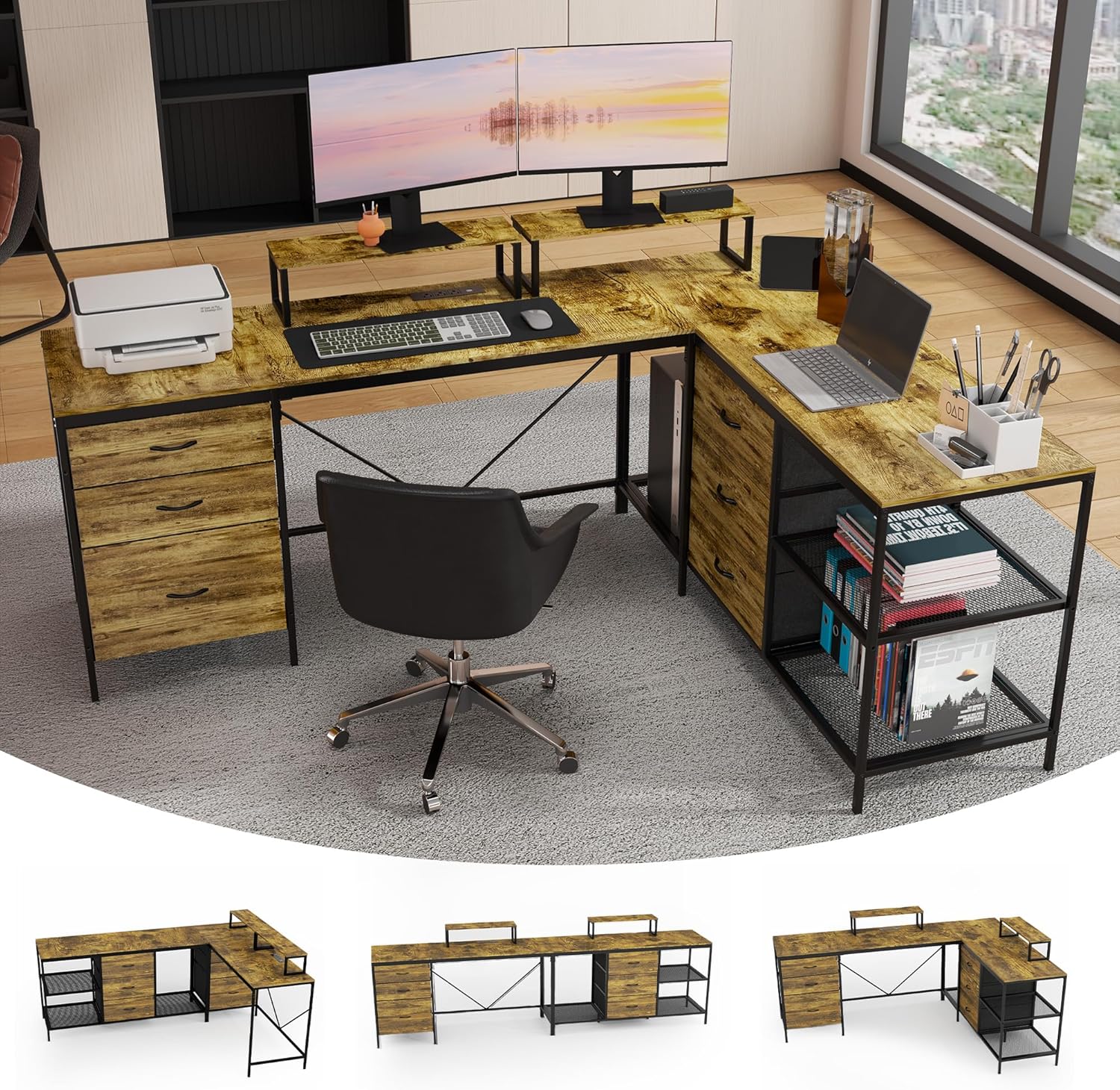 Ywin L-Shaped Desk with Power Outlets & USB-C,114 Inch Computer Desk with 6 Fabric Drawers, 3 Open Shelves & Movable Monitor Stands, for Gaming, Corner Work, Home Office, Study