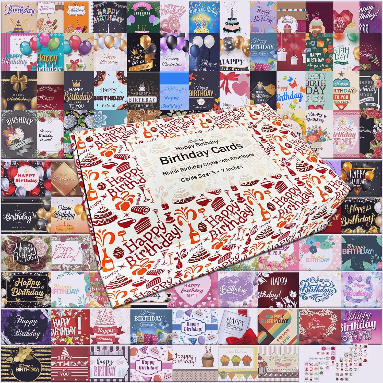 Happy Birthday Cards, 104 Birthday Card Bulk with Envelopes - Blank Inside, 5 x 7 inches Assorted Birthday Greeting Cards in Box