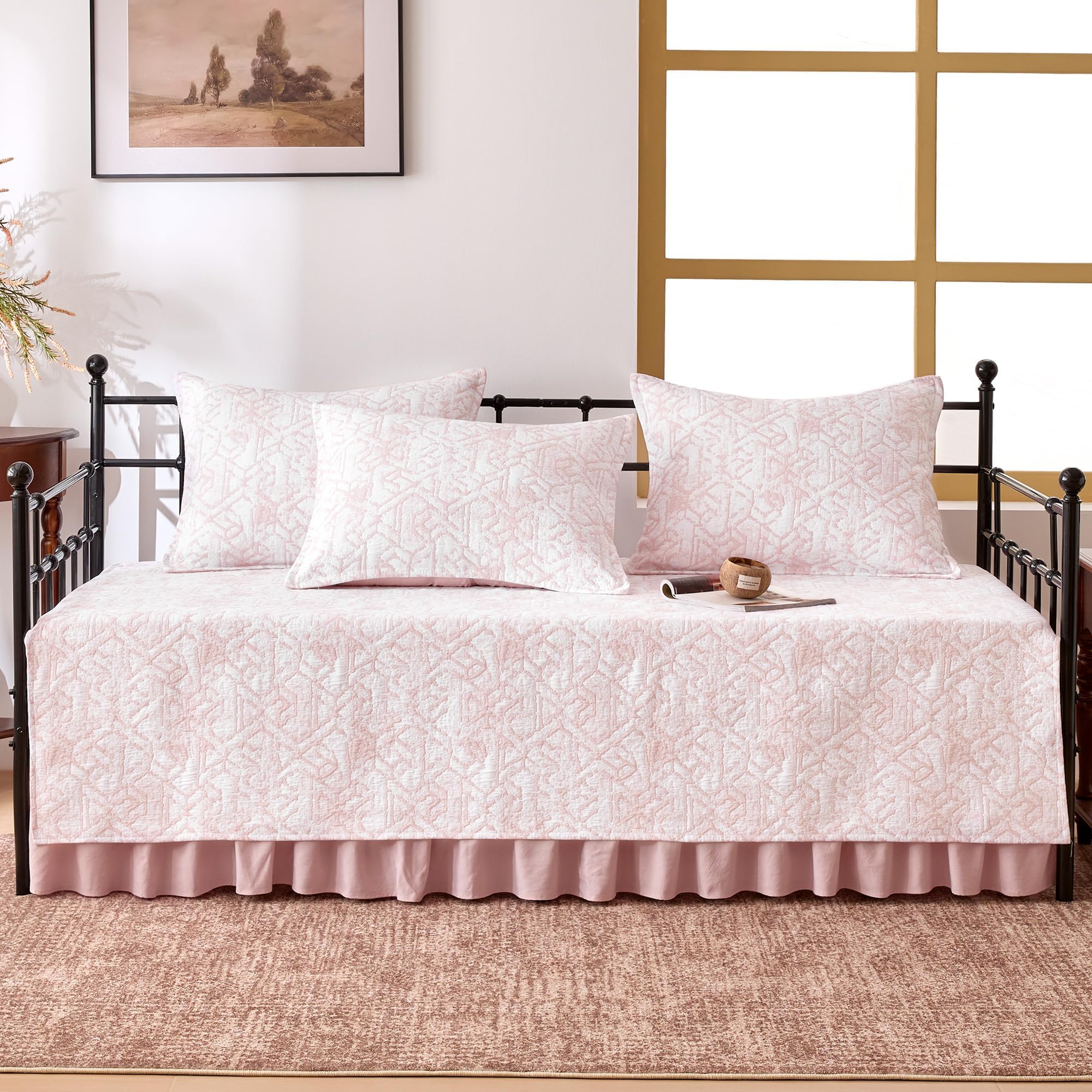 SLEEP ZONE 5 Pcs Daybed Cover Set Abstract Textured Cotton Quilting Cozy All Season Cozy Dayebed Comforter Bedding Set with Bedskirt, Matching Shames,