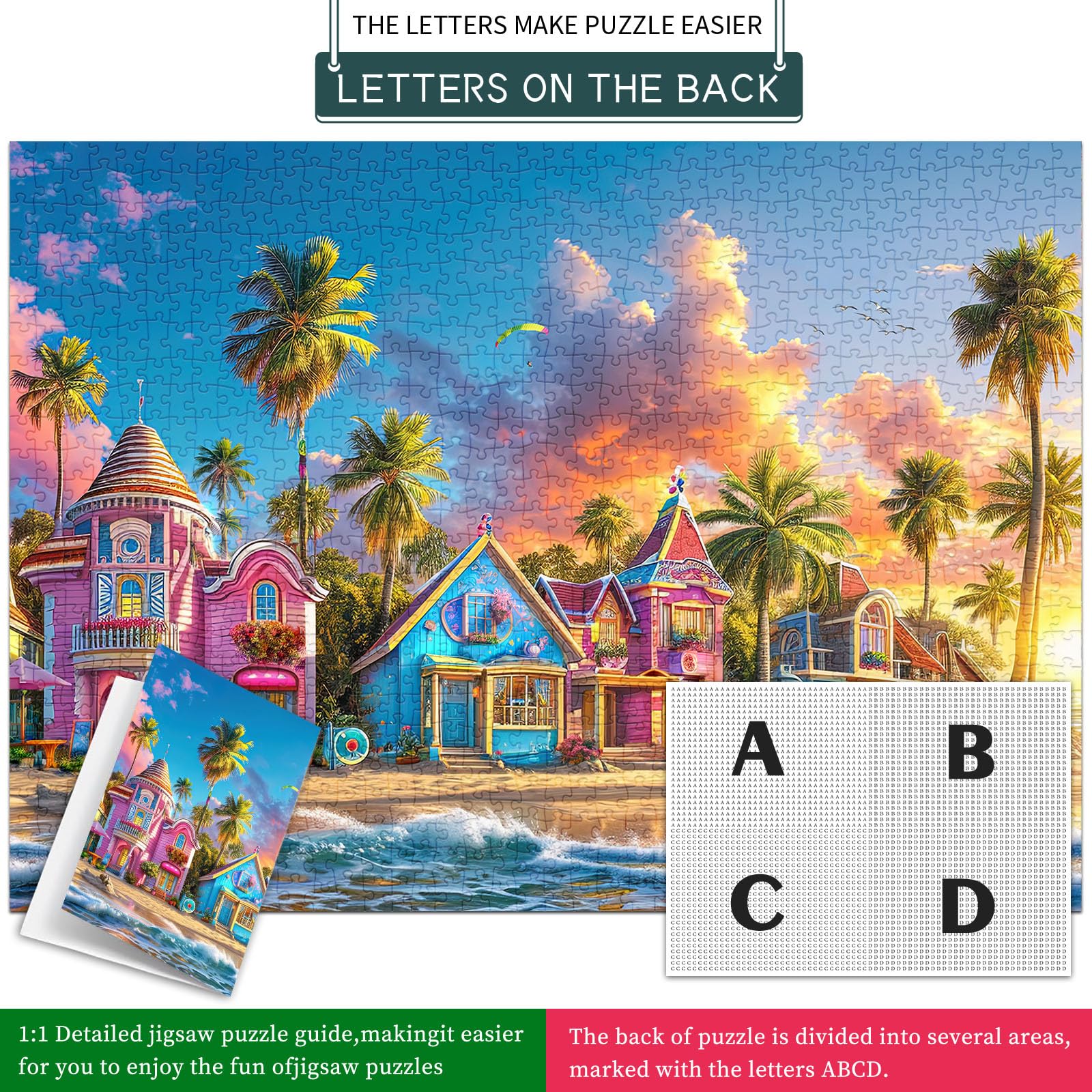 Romantic Beach Jigsaw Puzzles for Adults 1000 Pieces, Interlock Perfectly Letter on Back No Dust, Difficult Puzzle Home Decor Birthday Party Gift Toy, 1:1 Poster 1000 Puzzles