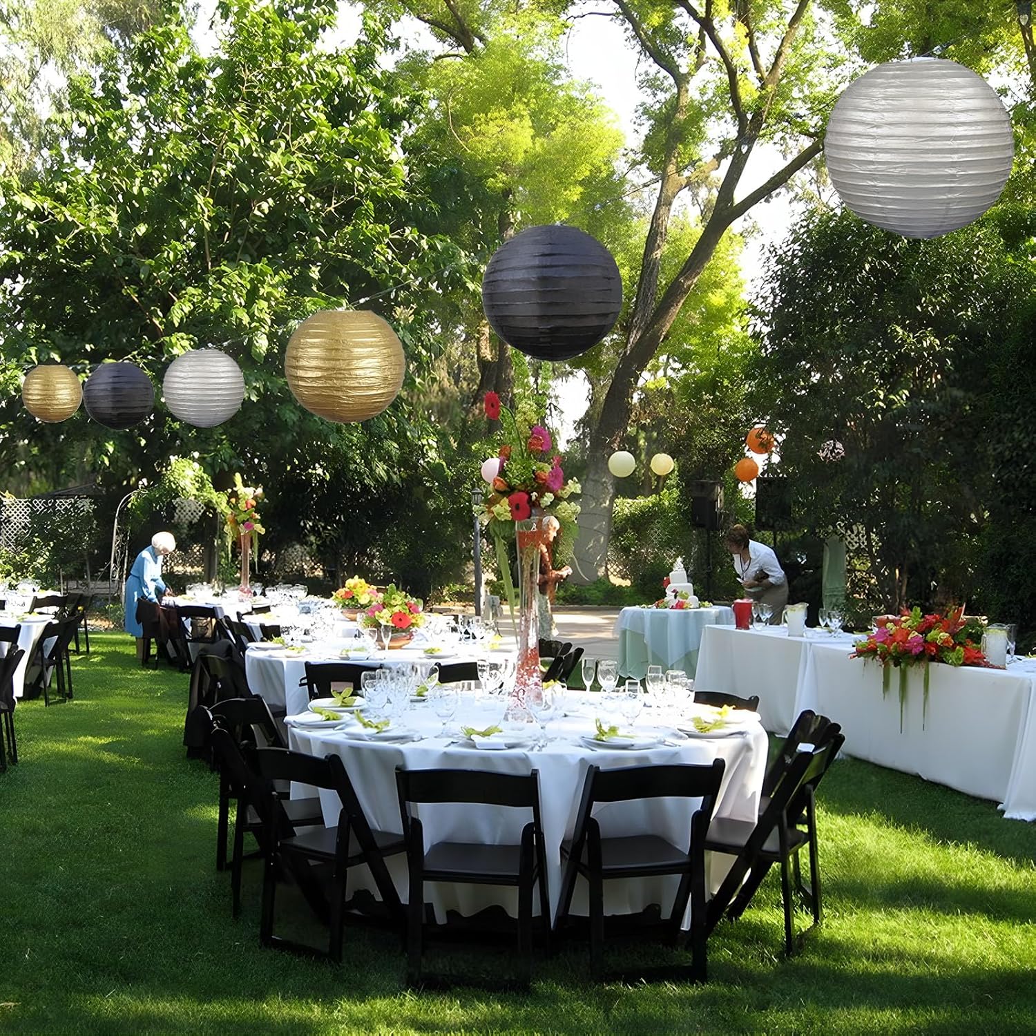 20Pcs Black Gold Silver Paper Lanterns for Parties, 6” 8” 10” 12” Chinese Asian Hanging Round Paper Lanterns for Birthday Wedding Graduation Home Decor Party Decor