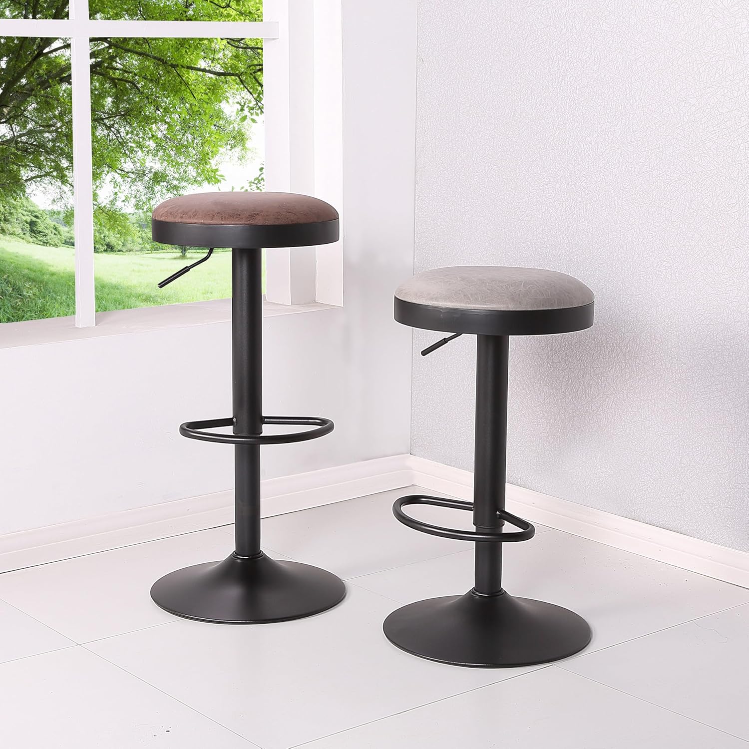 New Pacific Direct Juno PU Leather Gaslift Backless Swivel Bar, Set of 2 Bar & Counter Stools, Vintage Coffee Brown
