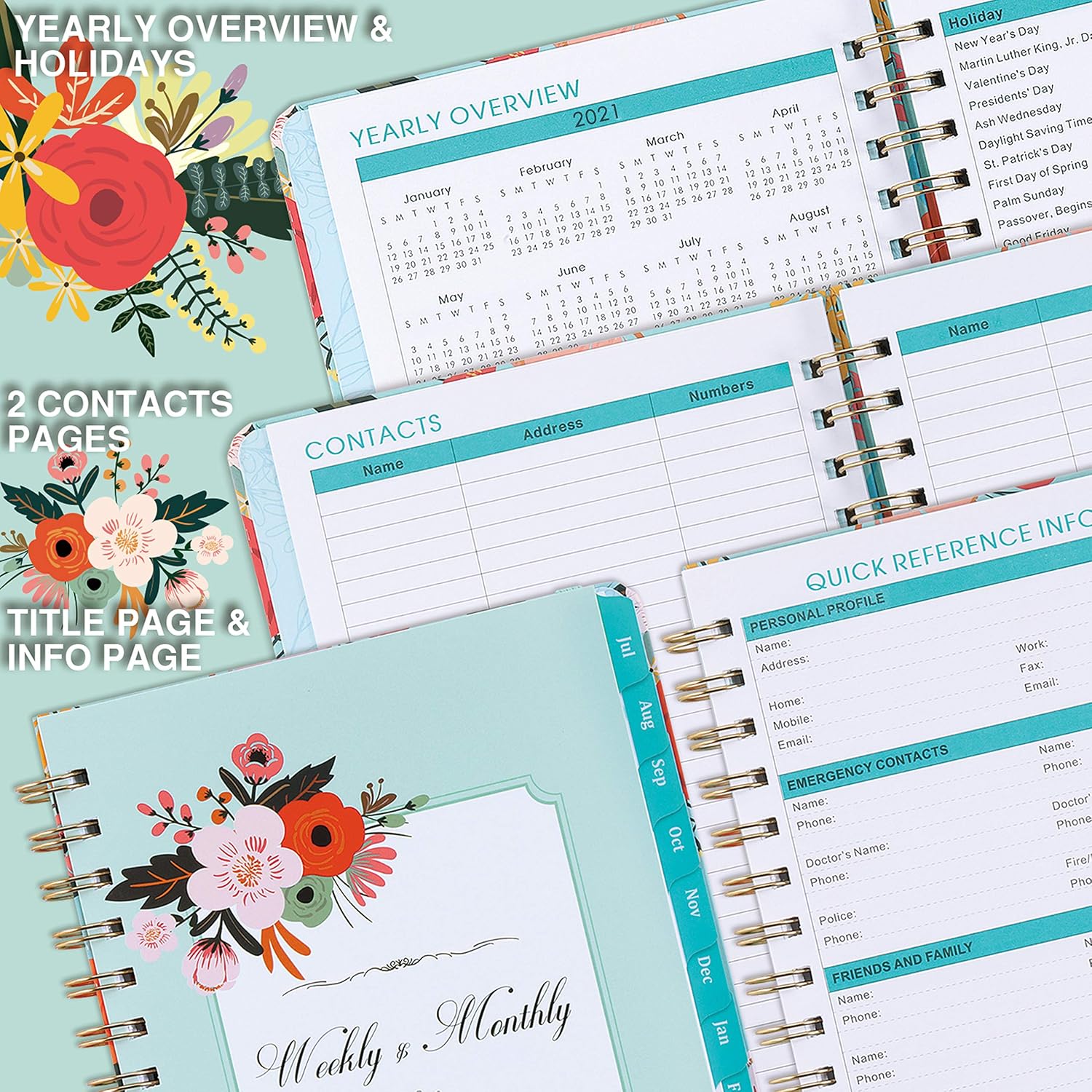2021 Planner-Weekly & Monthly Planner with Marked Tabs, 6.3" x 8.25", Thick Paper + Back Pocket + Banded, Twin-Wire Binding