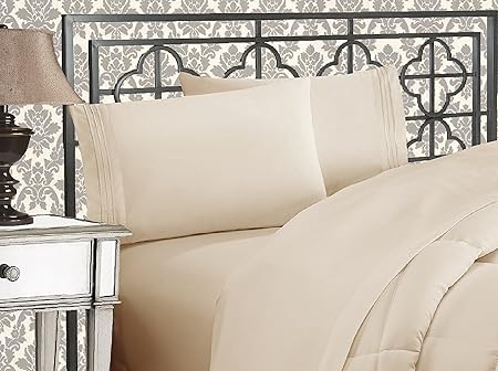 Elegant Comfort Luxurious 1500 Premium Hotel Quality Microfiber Three Line Embroidered Softest 4-Piece Bed Sheet Set, Wrinkle and Fade Resistant, Twin/Twin XL, Cream
