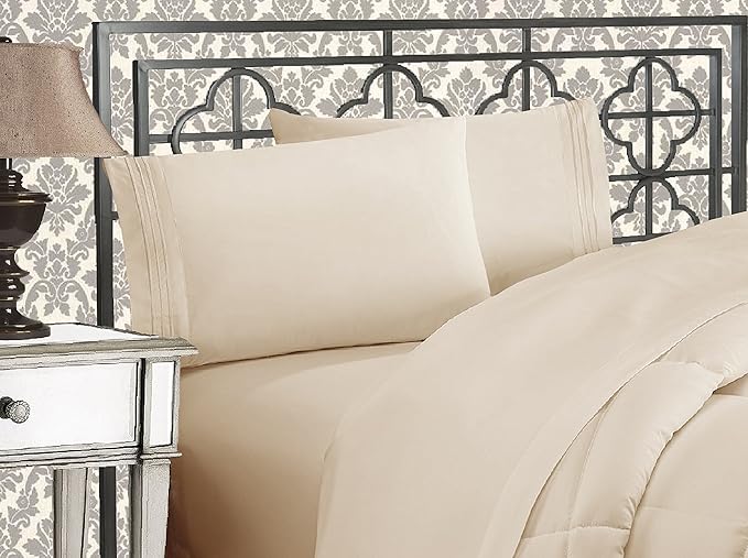 Elegant Comfort Luxurious 1500 Premium Hotel Quality Microfiber Three Line Embroidered Softest 4-Piece Bed Sheet Set, Wrinkle and Fade Resistant, Twin/Twin XL, Cream