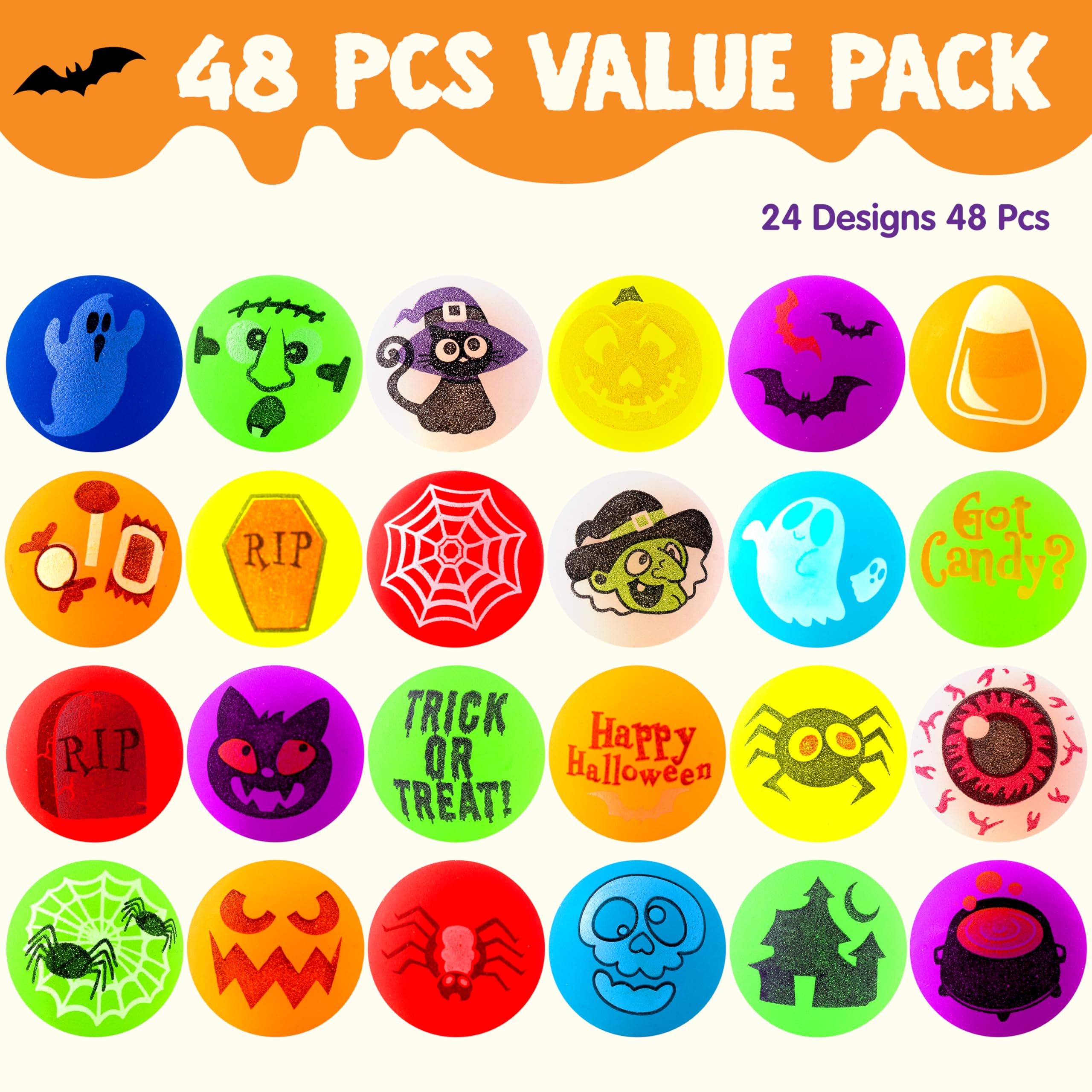 36 Boules Rebondissantes Phosphorescentes Halloween - 3,2 Cm, 6 Couleurs, Caoutchouc Non Toxique, Pour Décorations Et Jeux De Fête - 2