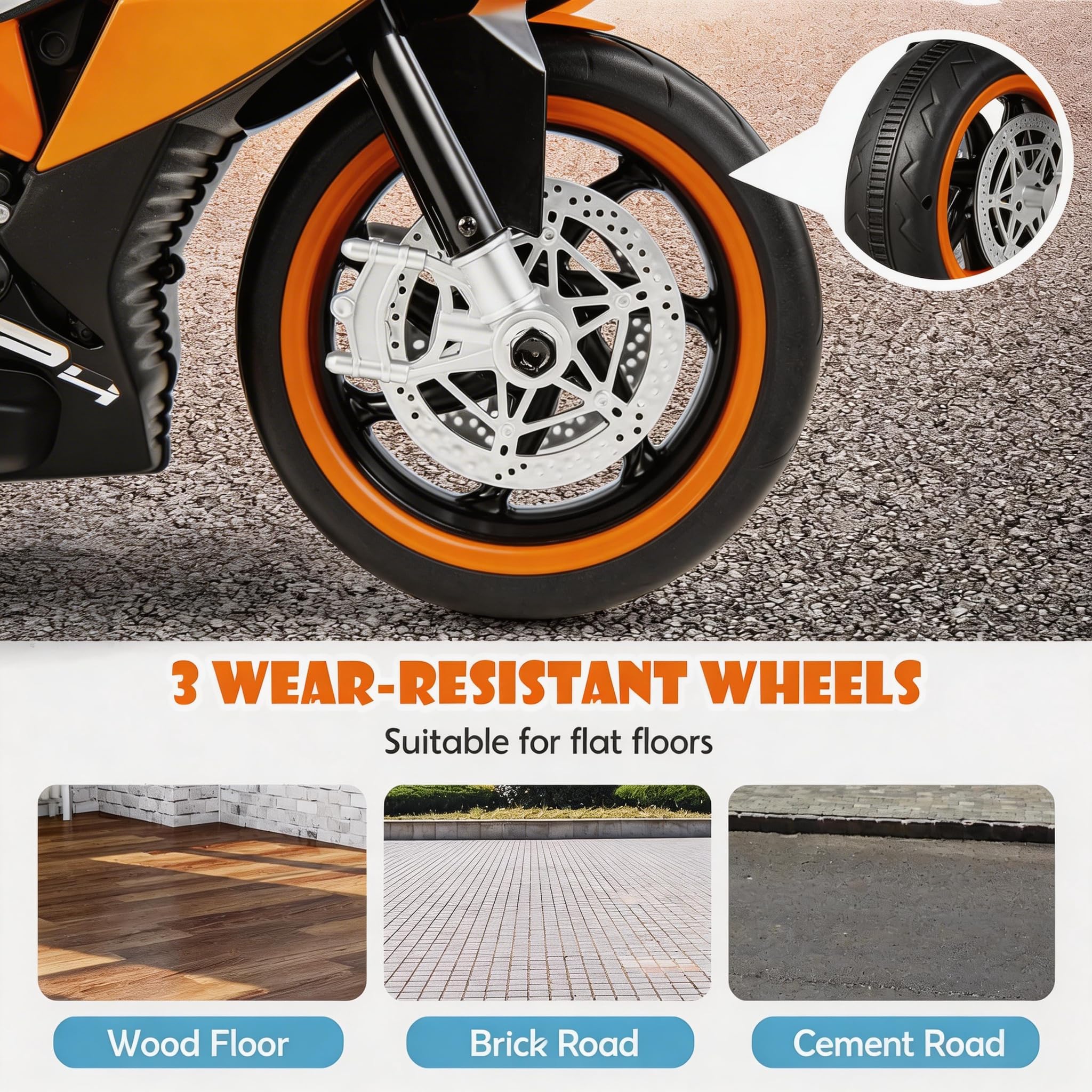 Moto elettrica per bambini, moto elettrica da 12 V, acceleratore manuale, mozzo ruota LED, funzione musicale, adatta per equitazione all'aperto, età 3-6 anni (arancione + plastica + 22,7-45 kg)