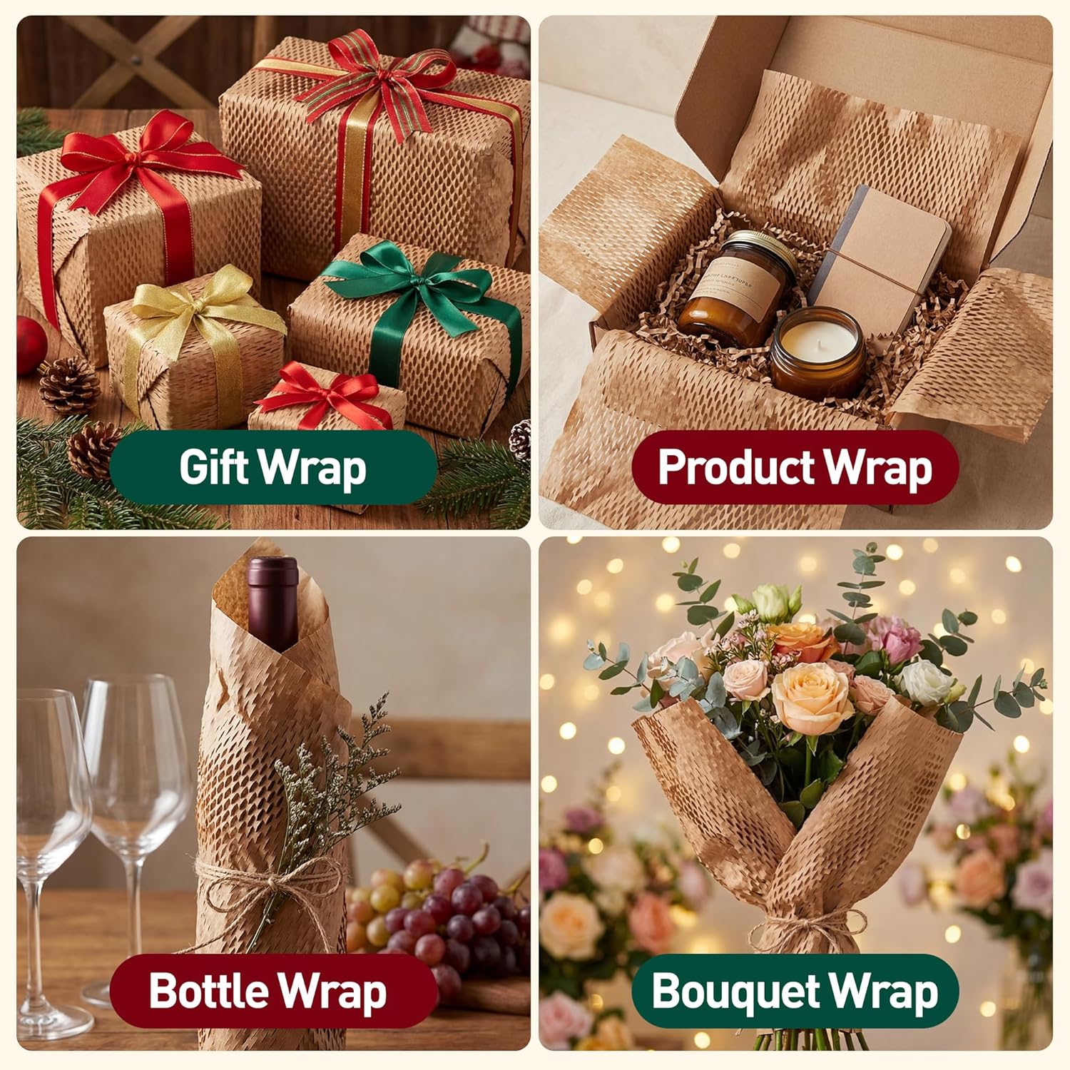 Honeycomb Packing Paper, 12 Inch x 300 FT – Eco-Friendly Recyclable Cushioning Wrap Roll for Moving & Shipping, Bubble Wrap Alternative with Rope, Ribbon & 40 Fragile Stickers