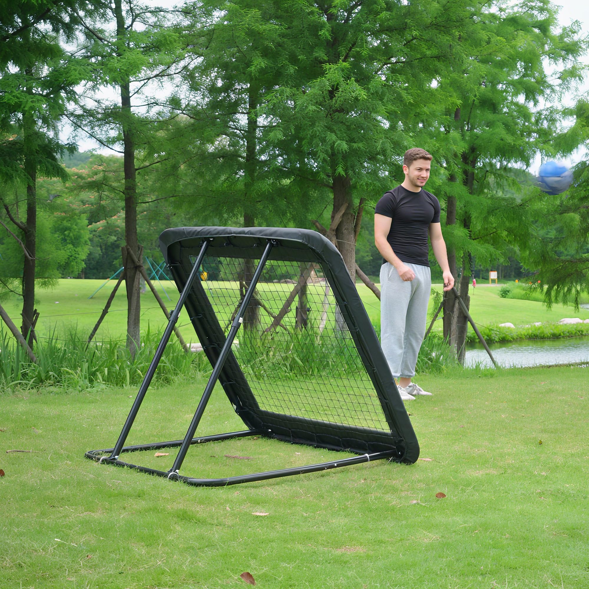 HOMCOM Rebounder Pieghevole e Regolabile da Esterno per Calcio, Baseball e Pallavolo, Rete da Calcio in PE, Metallo e Tessuto Oxford, 128x118x108-120 cm, Nero