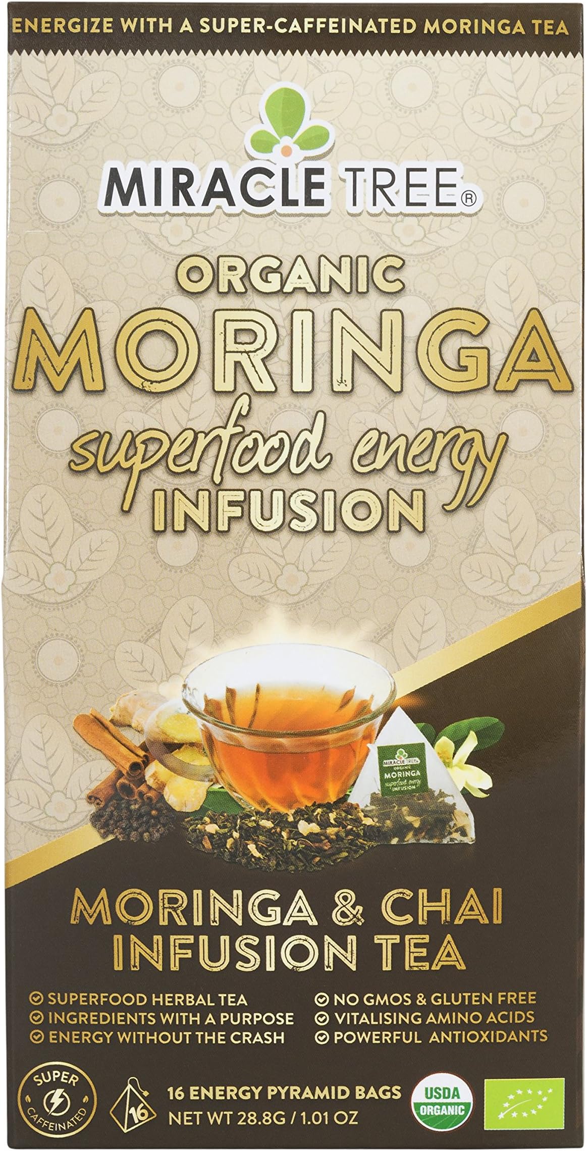 Energizing Moringa Infusion - Chai | Super Caffeinated Blend | Healthy Coffee Alternative, Perfect for Focus | Organic Certified & Non-GMO | 16 Pyramid Sachets