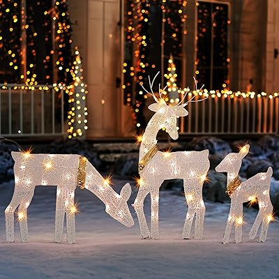 Dazzle Bright Christmas Outdoor Decoration, 3-Piece Lighted 2D Reindeer Family with 60 L, Pre-Lit Light Up Deer Set, Waterproof Outdoor Christmas Deer Decorations for Yard Patio Lawn Garden Party