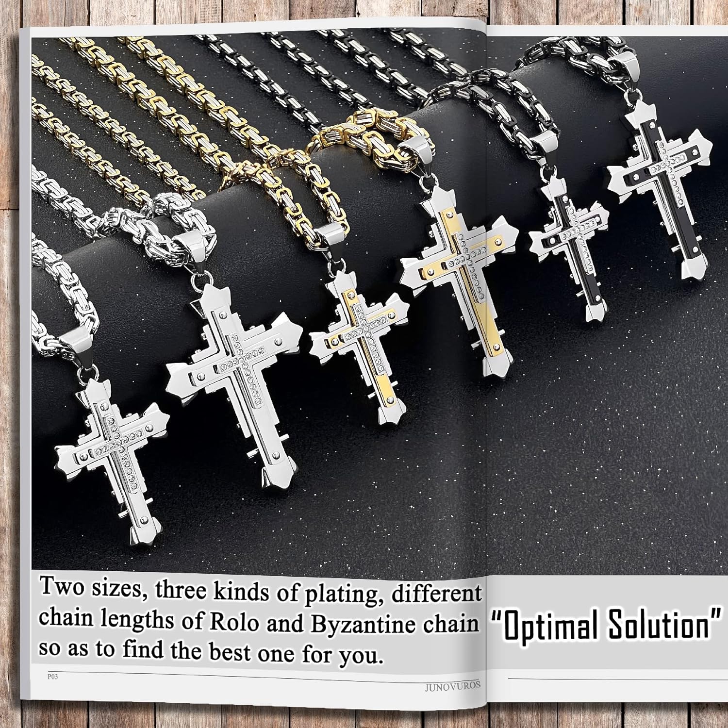 JUNOVUROS Stainless Steel Jesus Christ Cross Pendant Necklace for Men, 20 to 28 In Rolo/Byzantine Chain, 2 Sizes of Religious Jewelry with Silver/Gold/Black