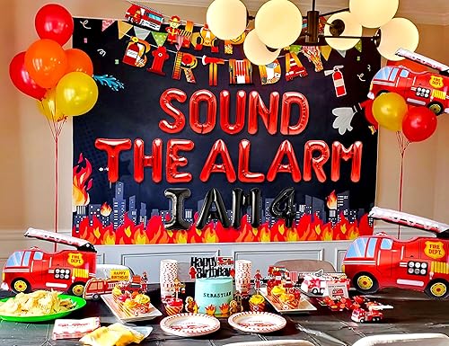 Miniatura 5 de LaVenty Sound The Alarm I am 4 Globos Sound The Alarm I Am 4 Decoración de camión de bomberos Decoración de 4 cumpleaños Globos de bomberos
