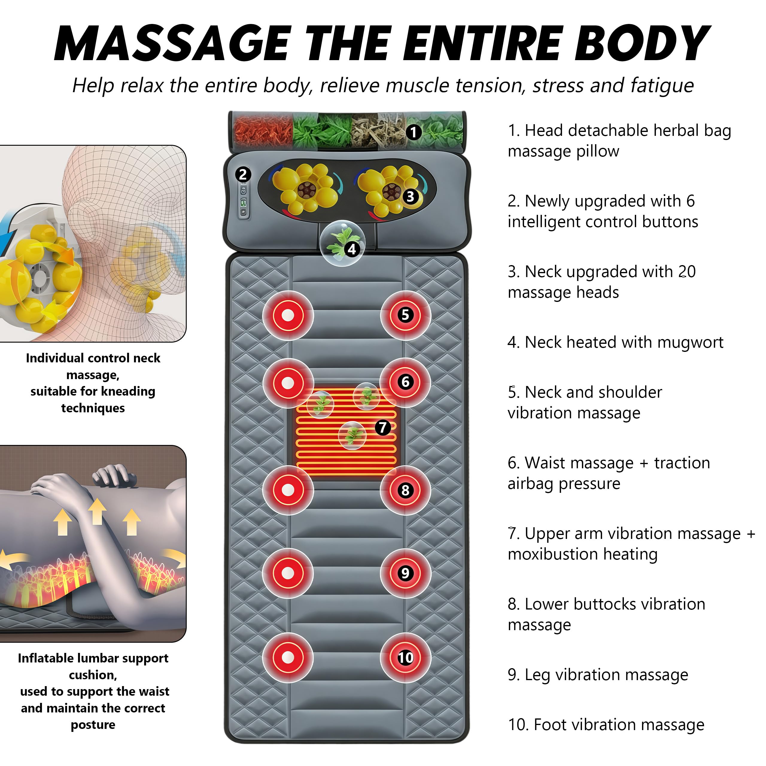Tapis de Massage, Corps Entier, avec Chaleur, 10 Moteurs, pour Relaxation