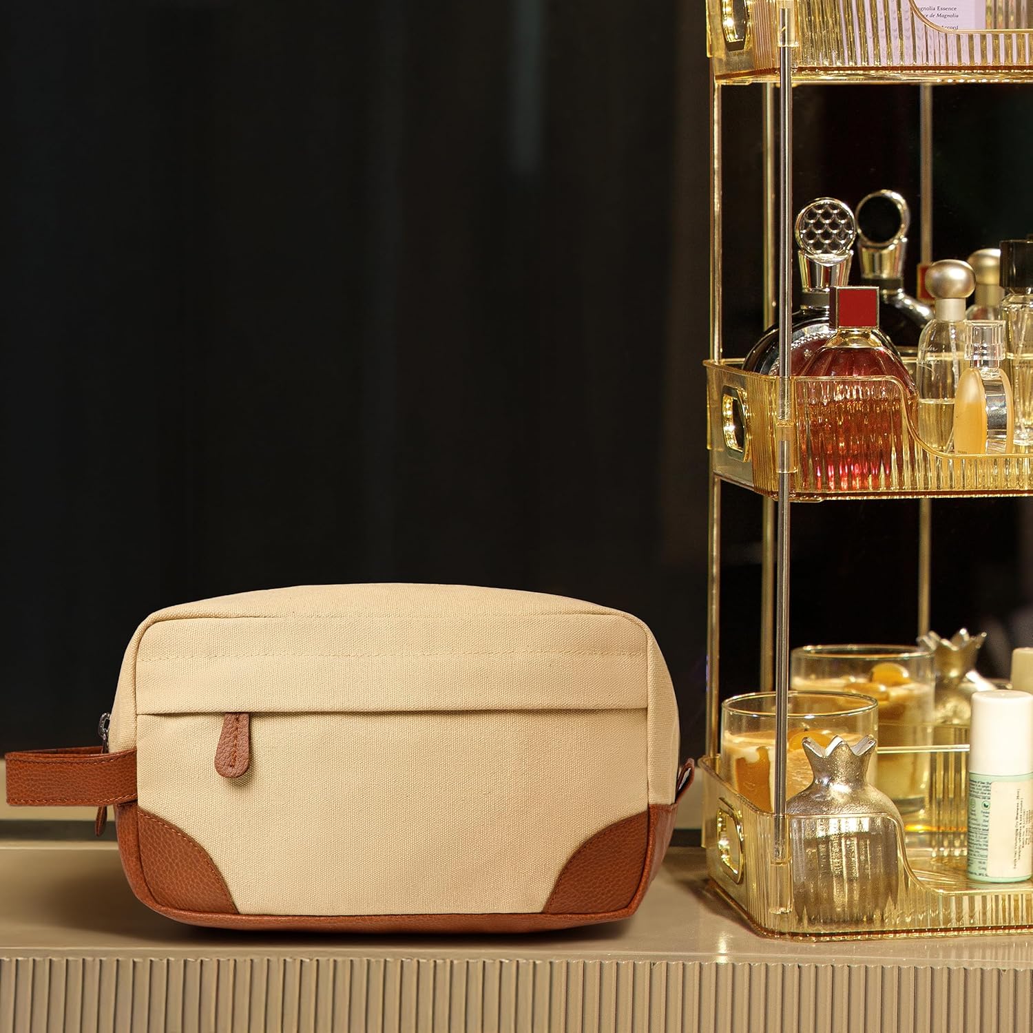 Toiletry Bag with Hanging Dopp Kit for Men, Water Resistant, Large Capacity Canvas Shaving Bag Perfect for Travel Toiletries Accessories - 10 Inch - Beige